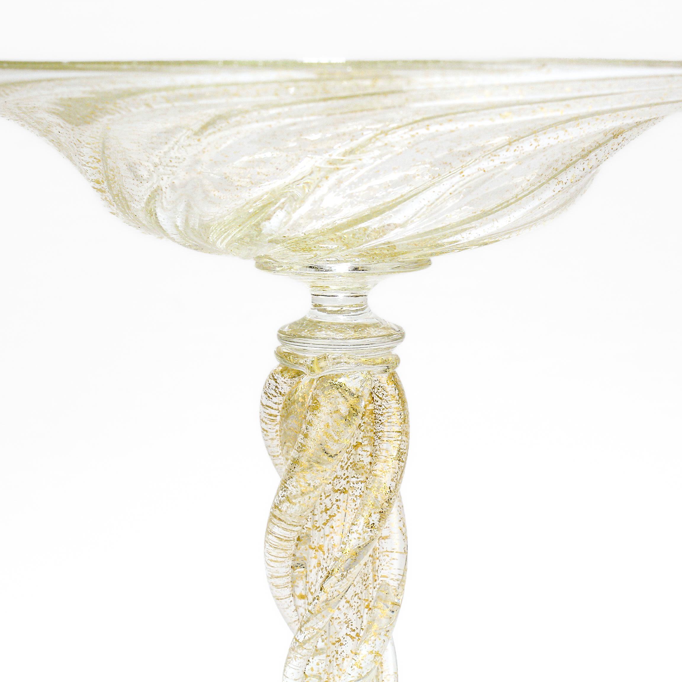 A large Italian art glass compote.

Attributed to Salviati.

Finely blown with applied swirled threads (or prints) to the pedestal and gold inclusions throughout.

Perfect for the modern table, shelf, or mantel.

Simply a wonderful piece of