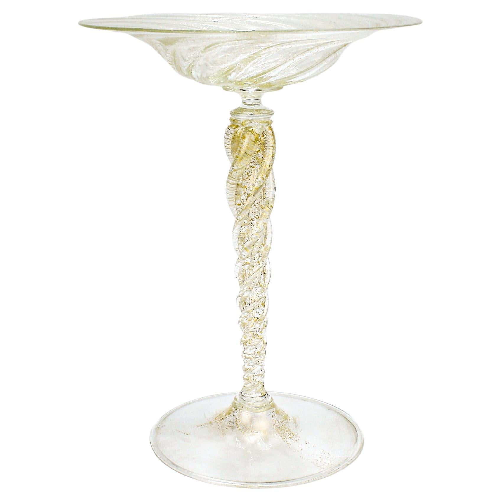 Large Venetian Murano Glass Gold Fleck Compote or Tazza Attributed to Salviati For Sale
