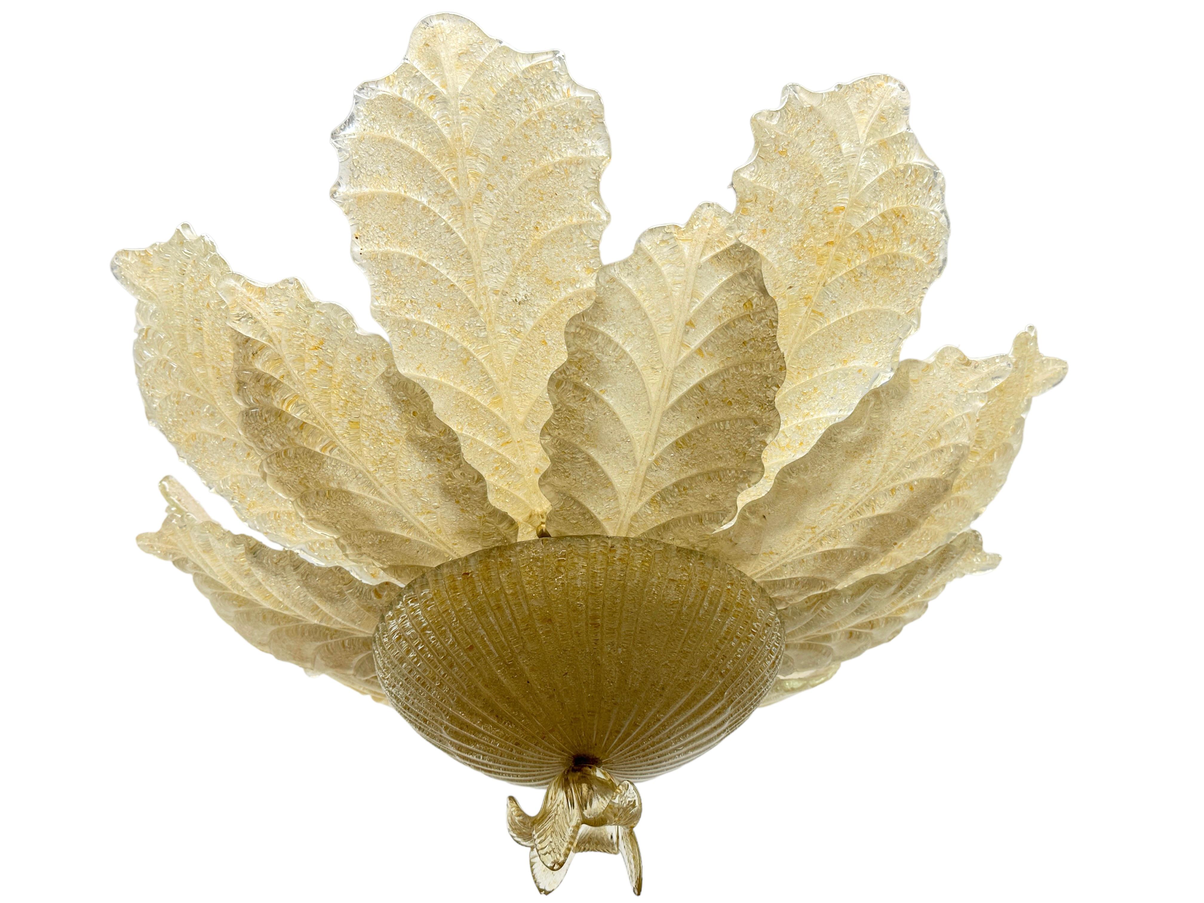 Hand-Crafted Large Venetian Murano Glass Leaf Chandelier Flush Mount by Barovier Toso, Italy