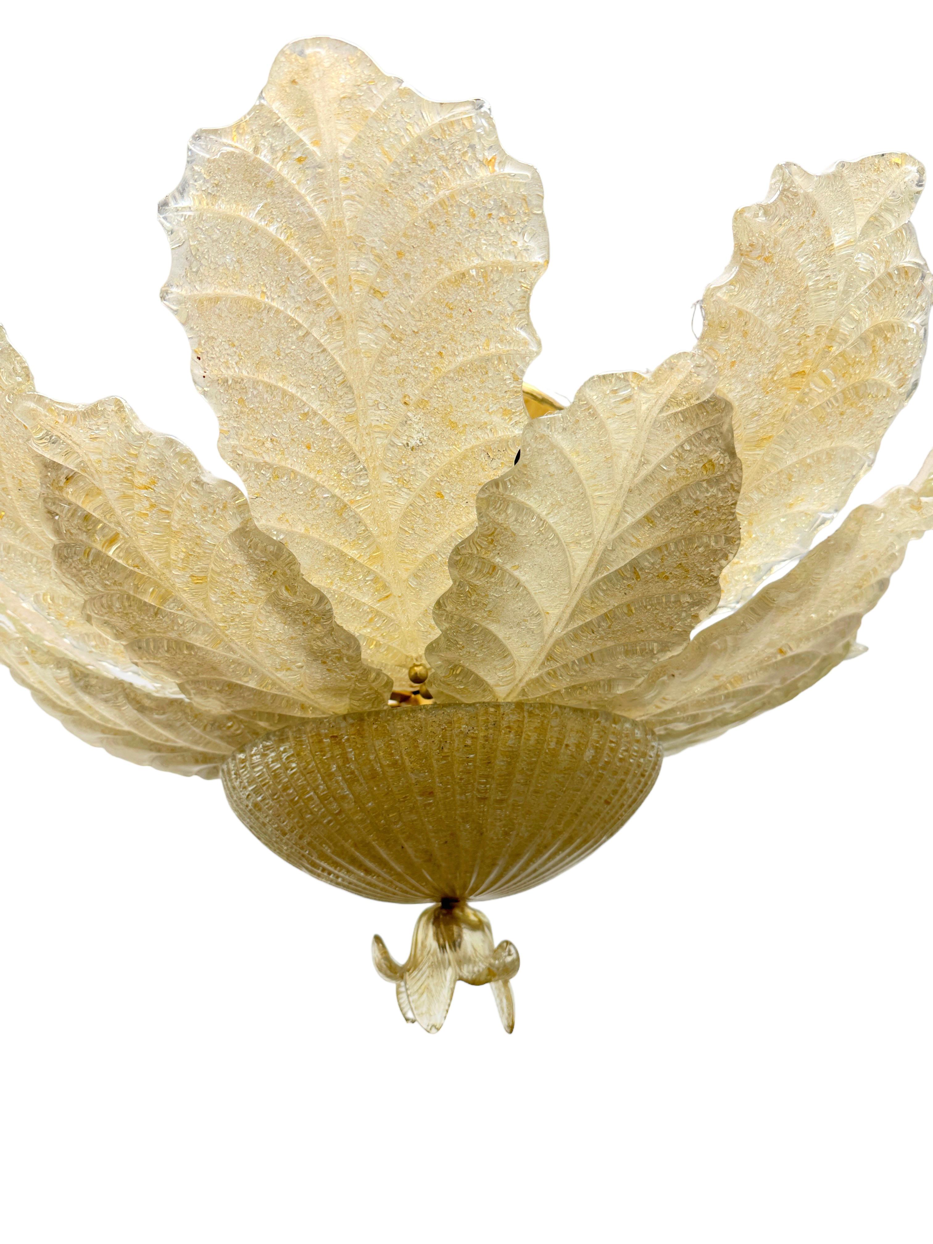 Mid-20th Century Large Venetian Murano Glass Leaf Chandelier Flush Mount by Barovier Toso, Italy