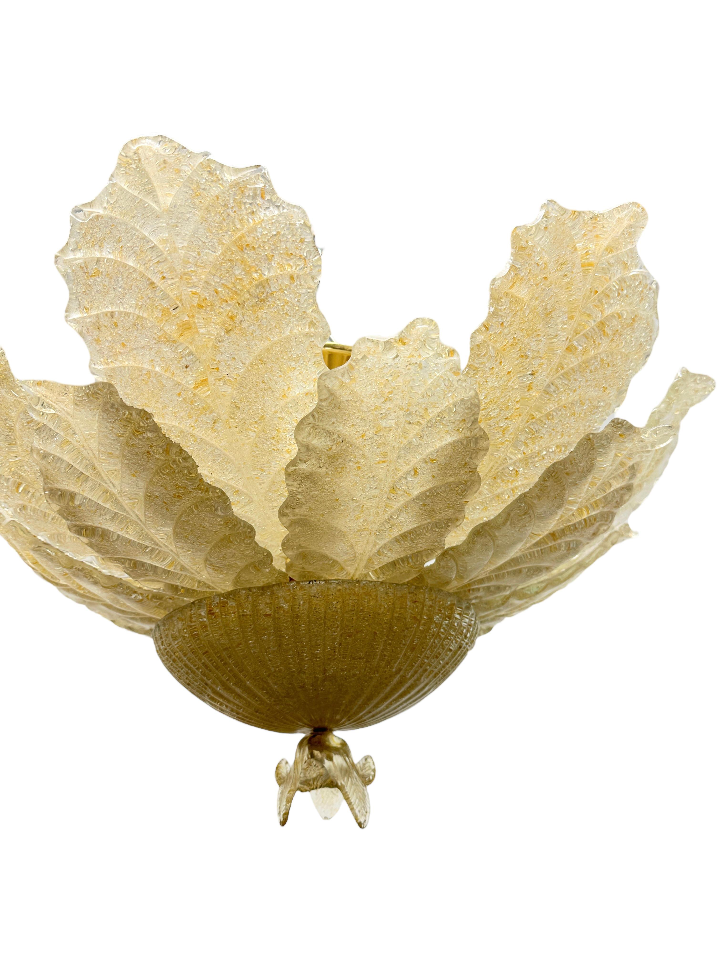Brass Large Venetian Murano Glass Leaf Chandelier Flush Mount by Barovier Toso, Italy