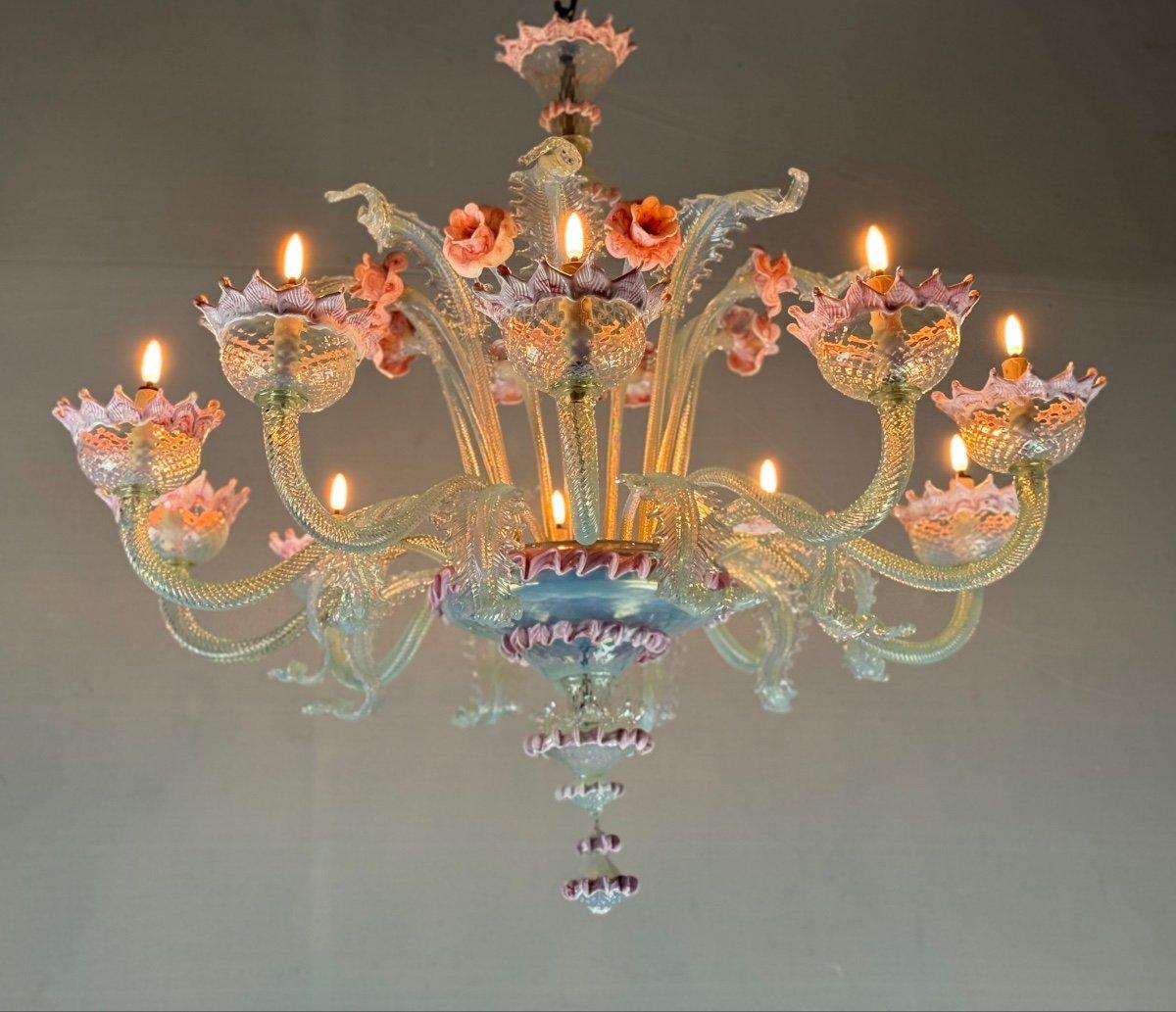 Large Venetian Opalescent Blue And Pink Murano Glass Chandelier Circa 1930 5