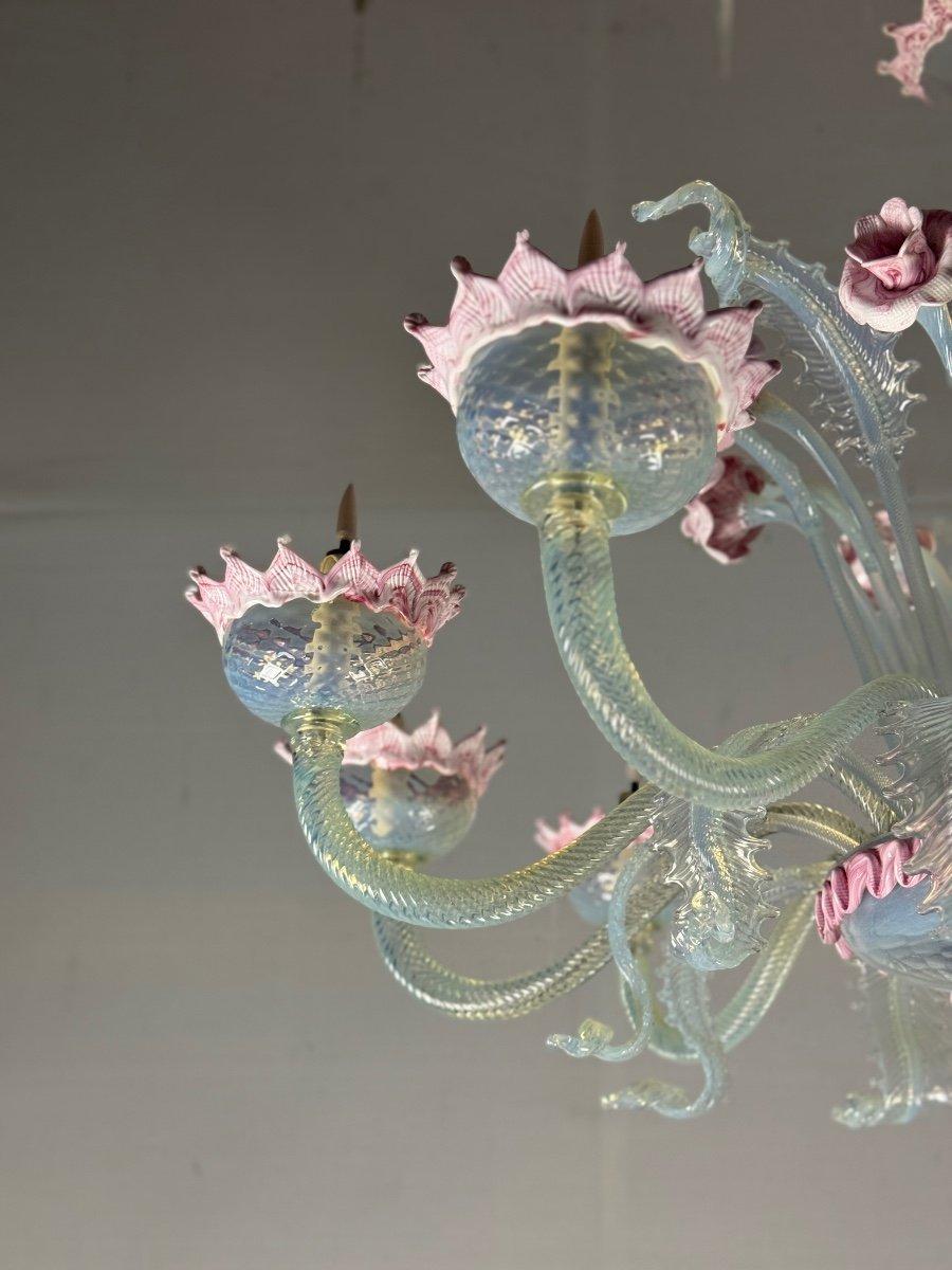 Italian Large Venetian Opalescent Blue And Pink Murano Glass Chandelier Circa 1930
