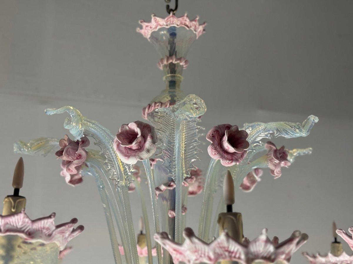 Large Venetian Opalescent Blue And Pink Murano Glass Chandelier Circa 1930 In Excellent Condition In Honnelles, WHT