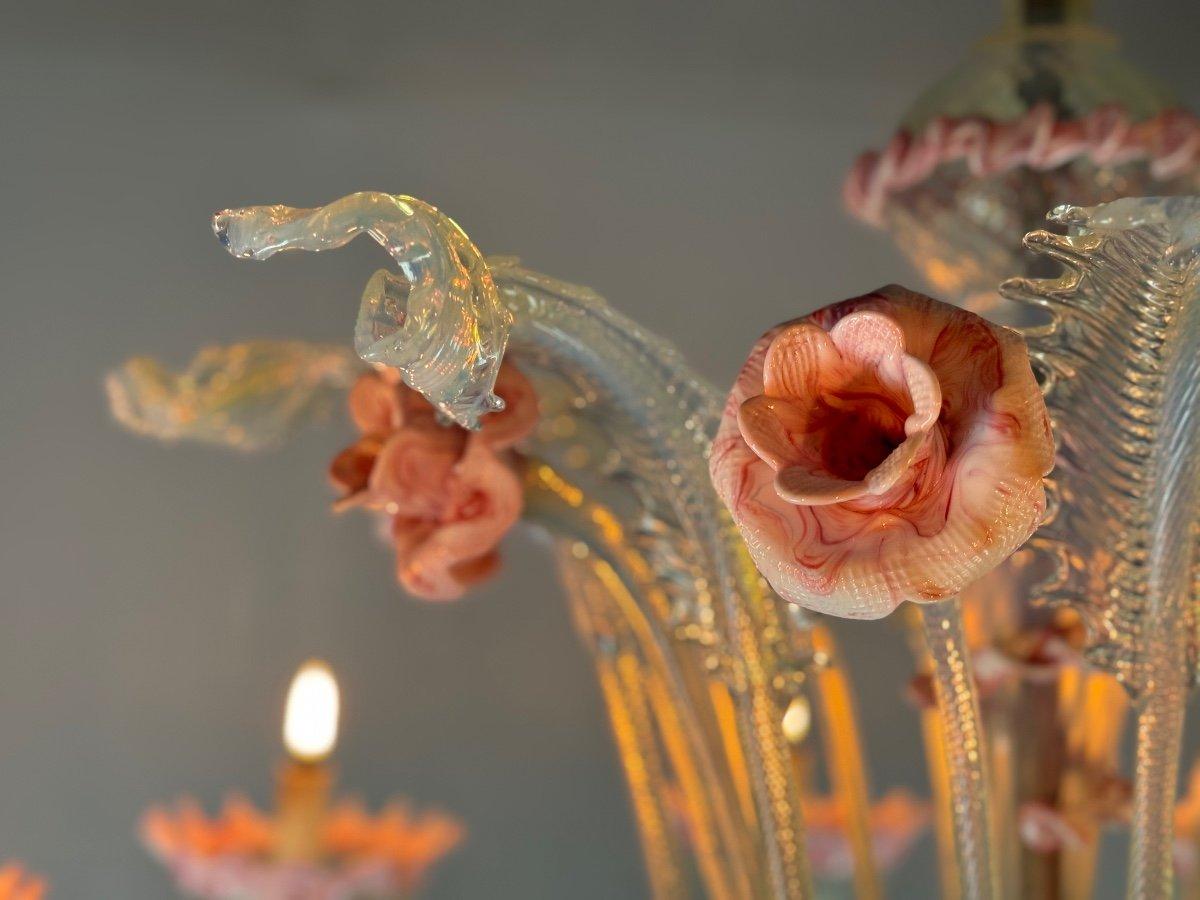 Metal Large Venetian Opalescent Blue And Pink Murano Glass Chandelier Circa 1930