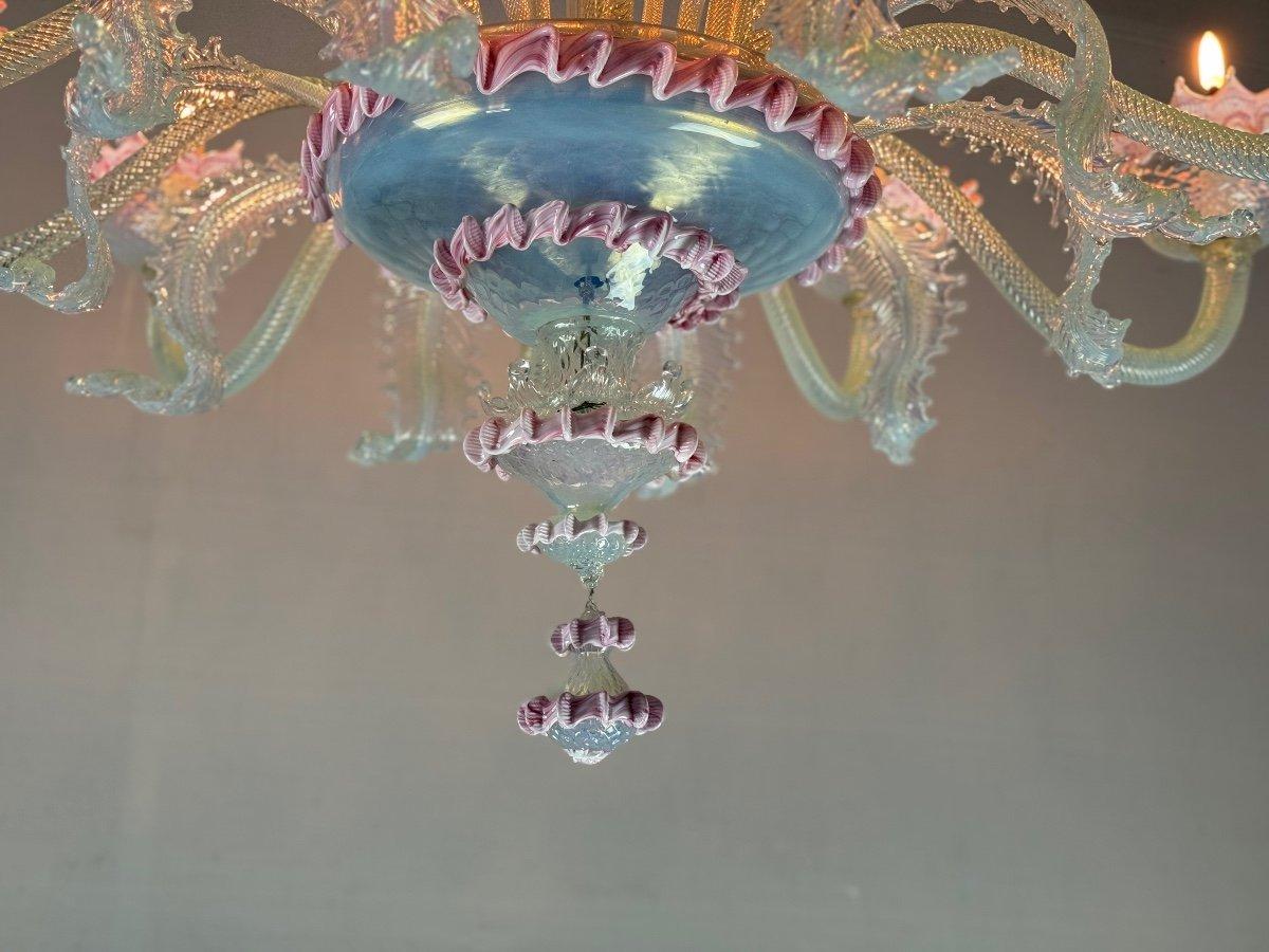 Large Venetian Opalescent Blue And Pink Murano Glass Chandelier Circa 1930 3