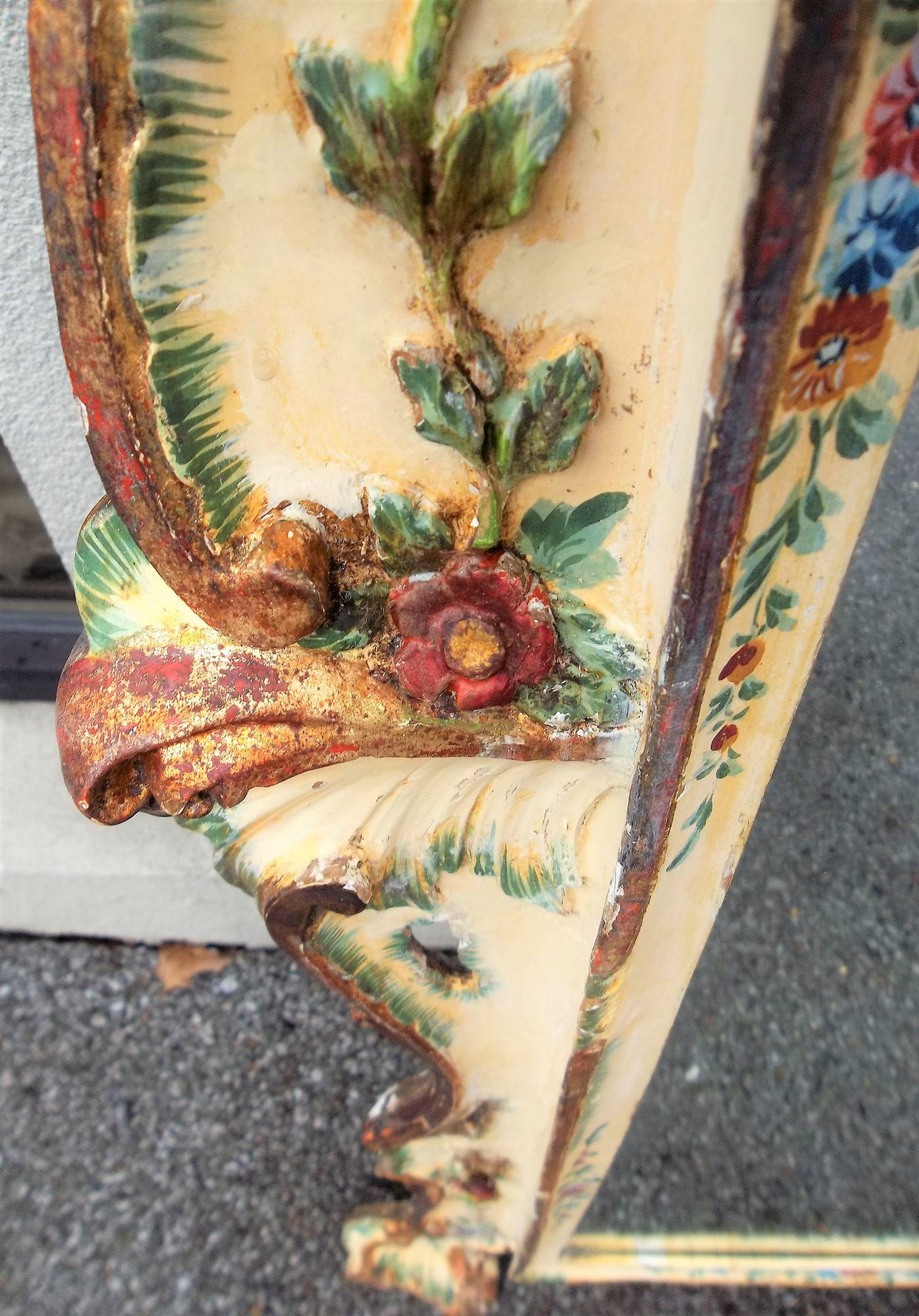 Rococo Large Venetian or Italian Mirror with Painted Carved High Relief Floral Sprays