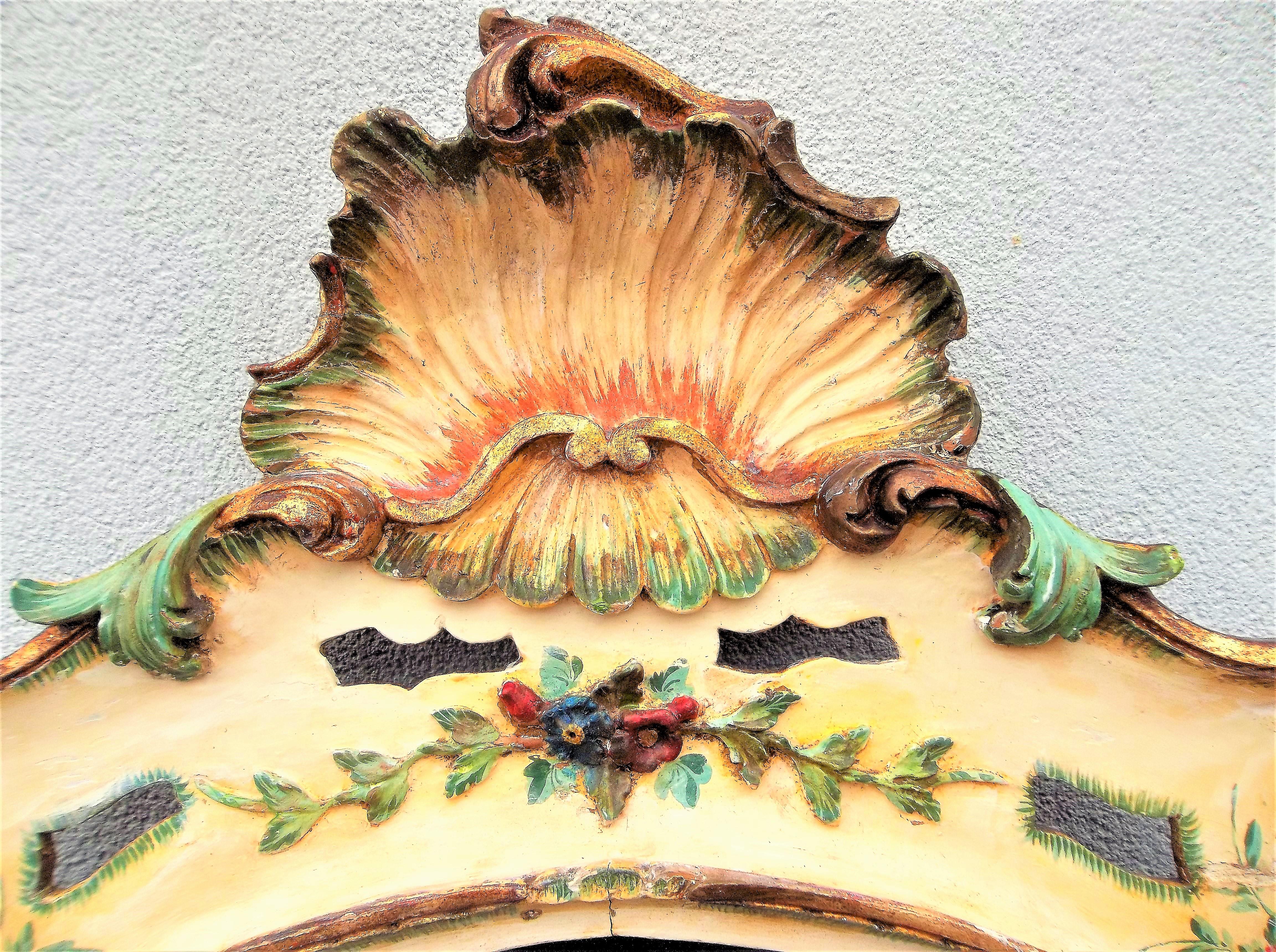 19th Century Large Venetian or Italian Mirror with Painted Carved High Relief Floral Sprays