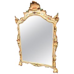 Antique Large Venetian or Italian Mirror with Painted Carved High Relief Floral Sprays