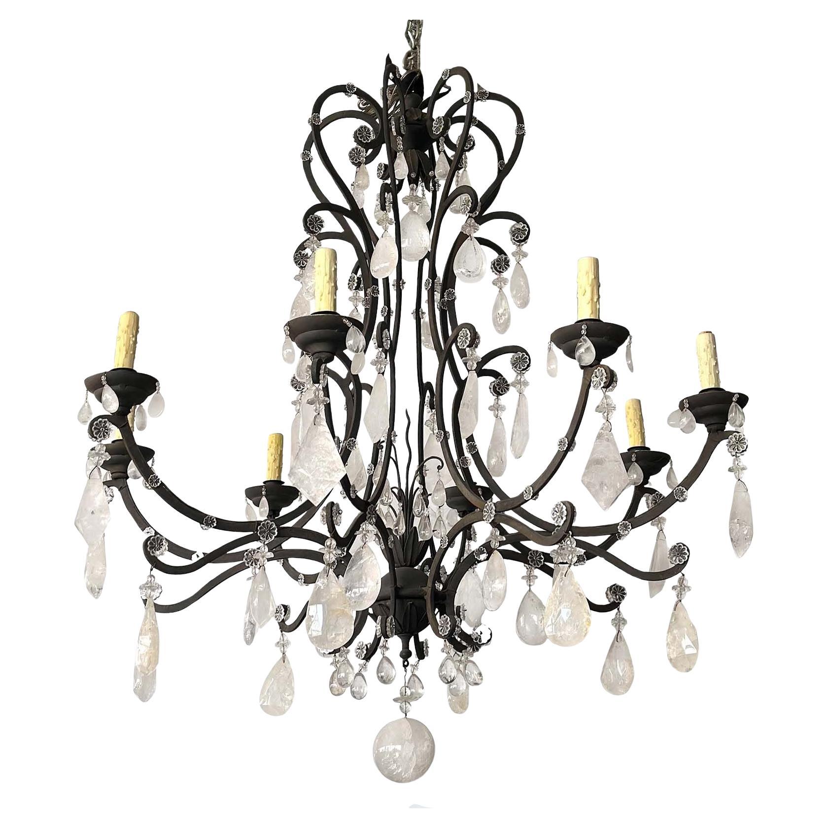 Large Venetian Rock Crystal & Wrought Iron Chandelier, Italy, c. 1950's For Sale