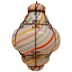 Large Venetian Shaped Blown Glass and Metal Hanging Pendant