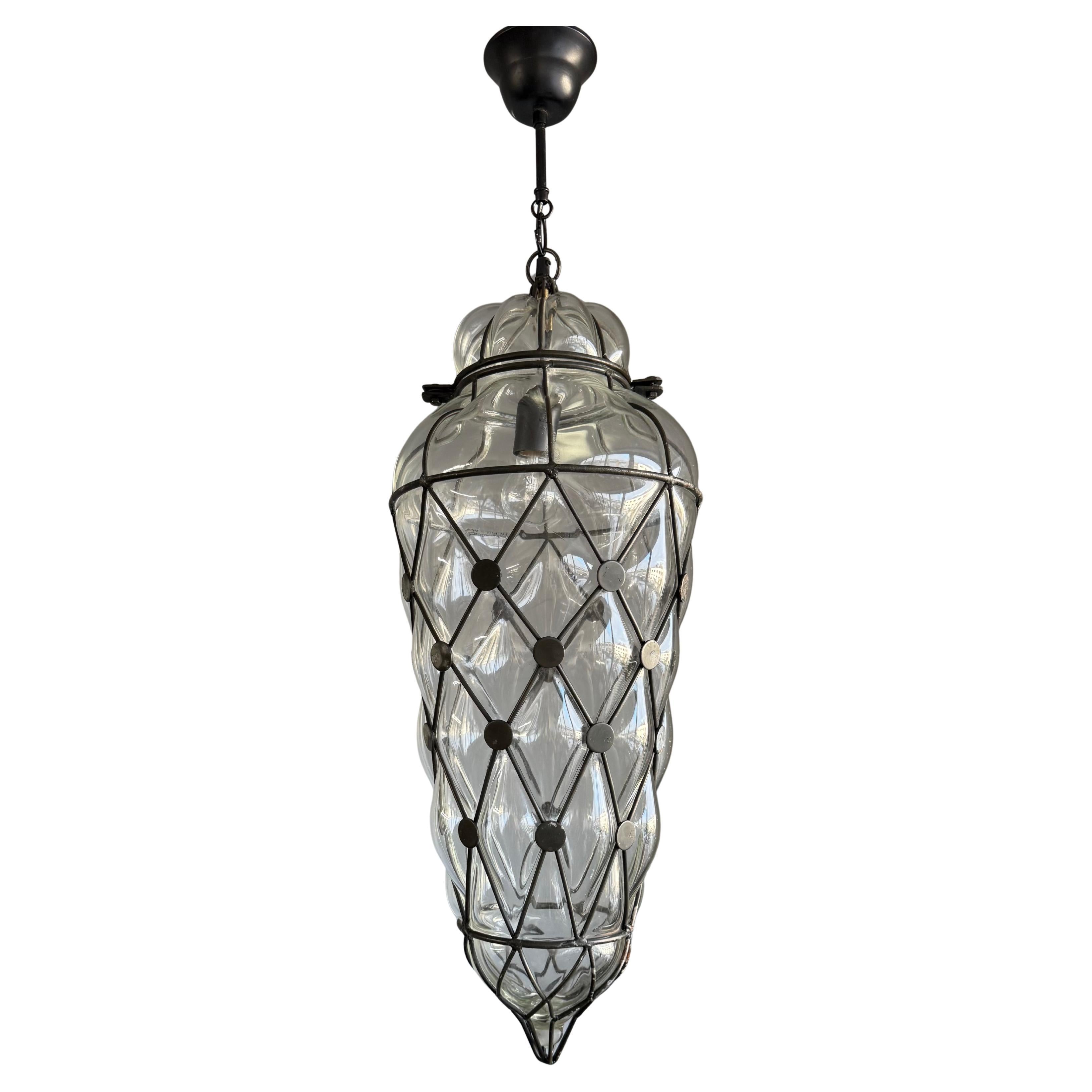 Large Venetian Mouth Blown, Clear Glass in Metal Frame Pendant Light / Fixture