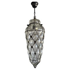 Large Venetian Mouth Blown, Clear Glass in Metal Frame Pendant Light / Fixture