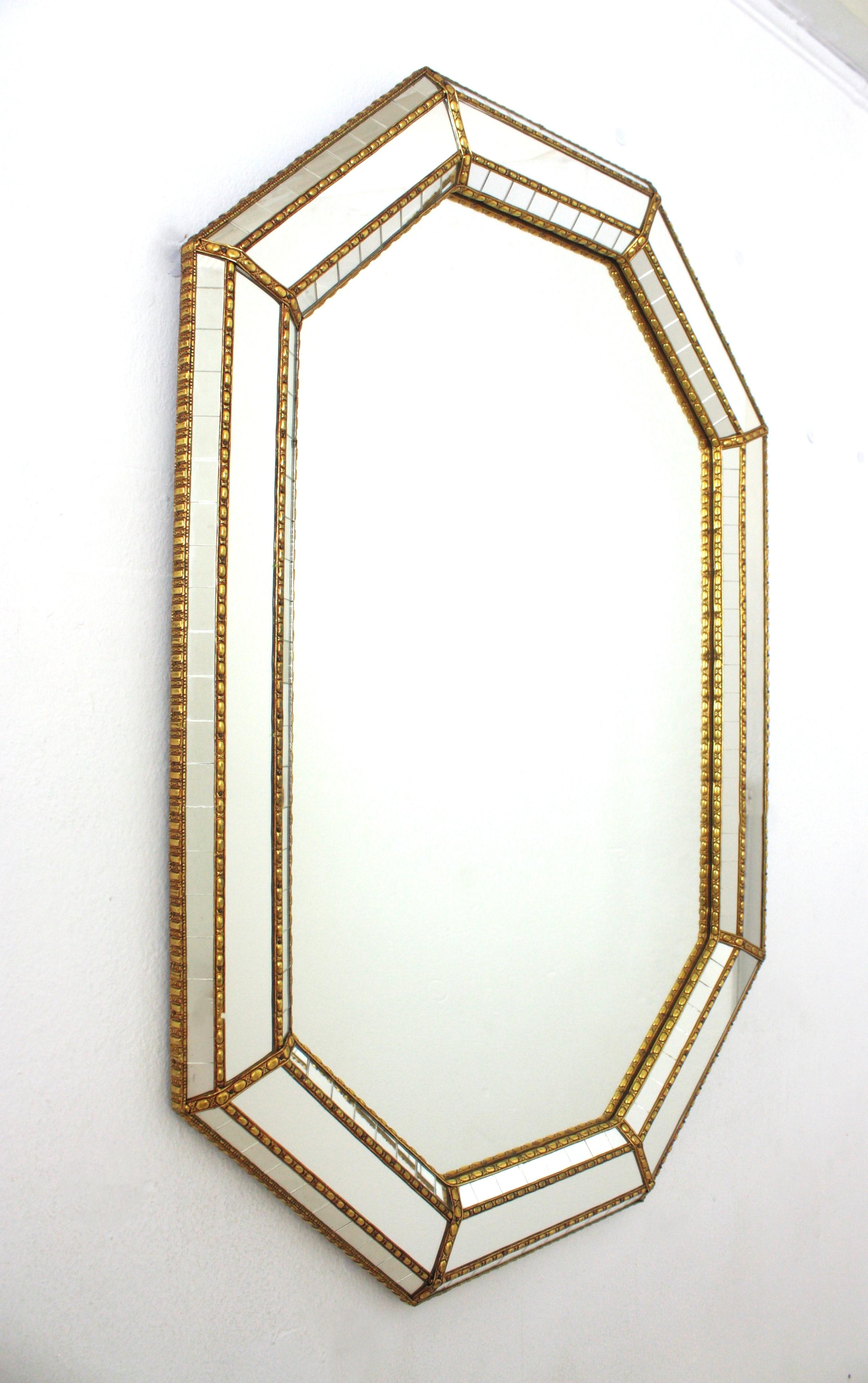 Spanish Large Venetian Style Octagonal Mirror with Brass Details For Sale