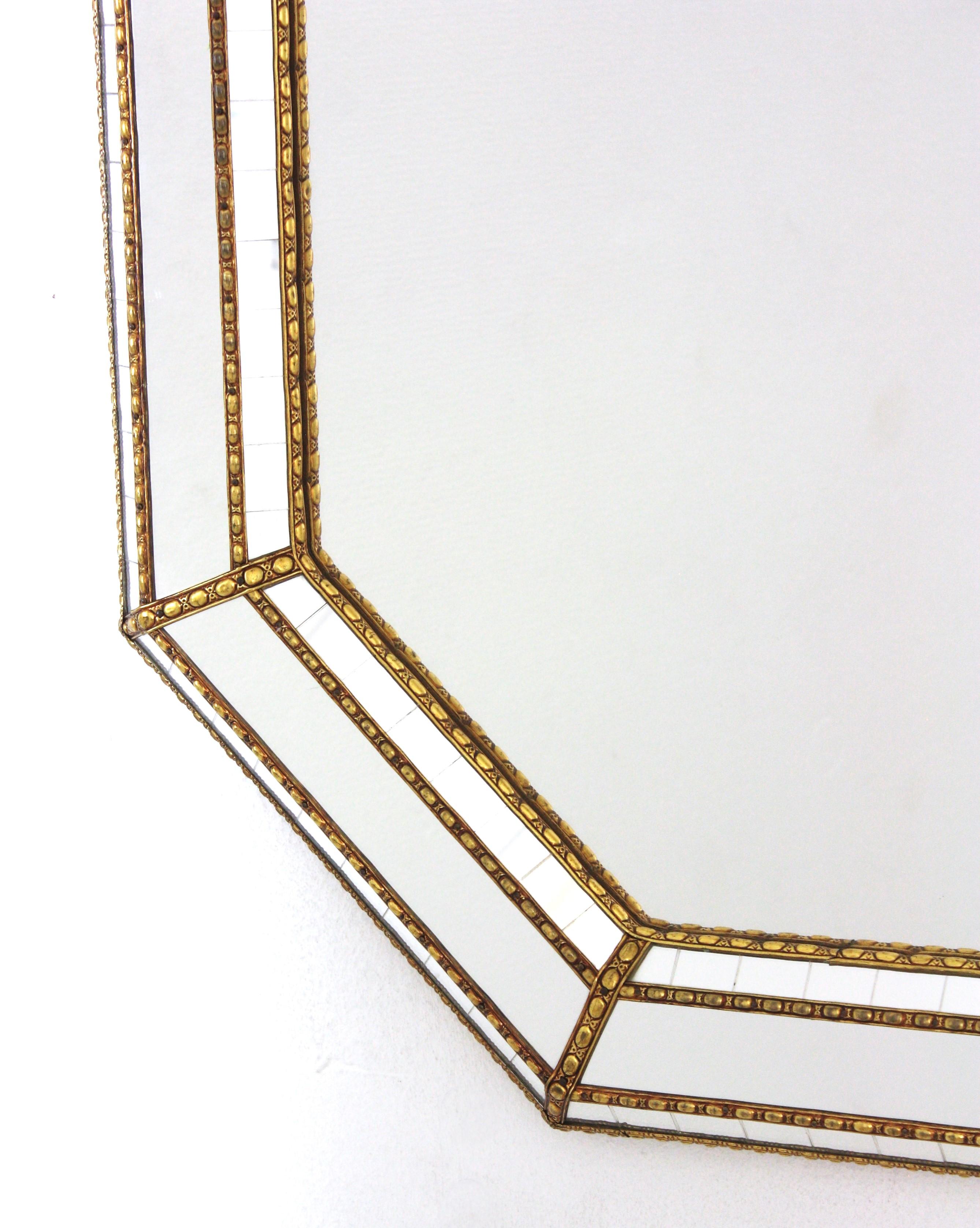 Hand-Crafted Large Venetian Style Octagonal Mirror with Brass Details For Sale