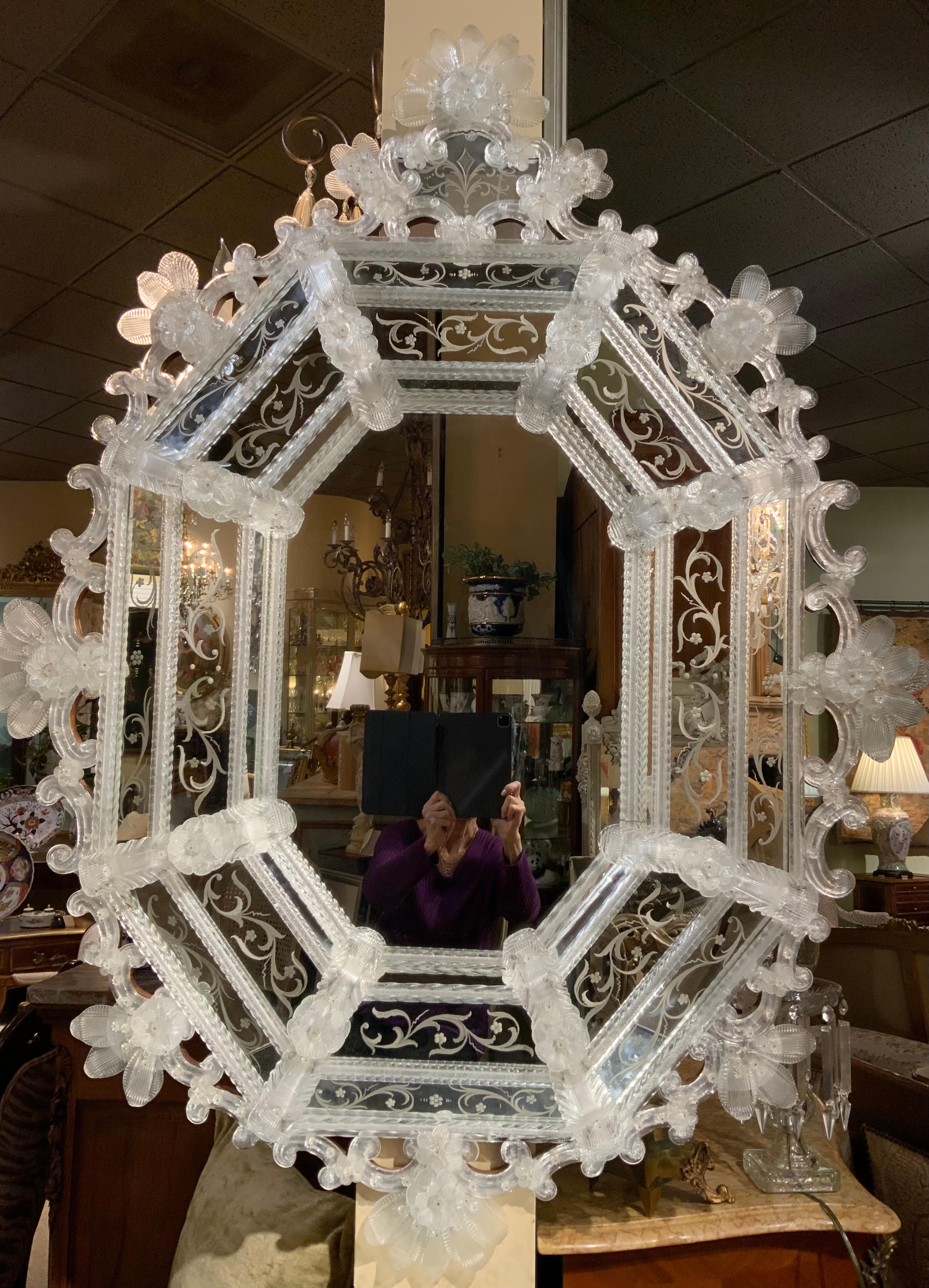 Italian Large Venetian Wall Mirror with Ornate Etchings and Floral Decorations For Sale