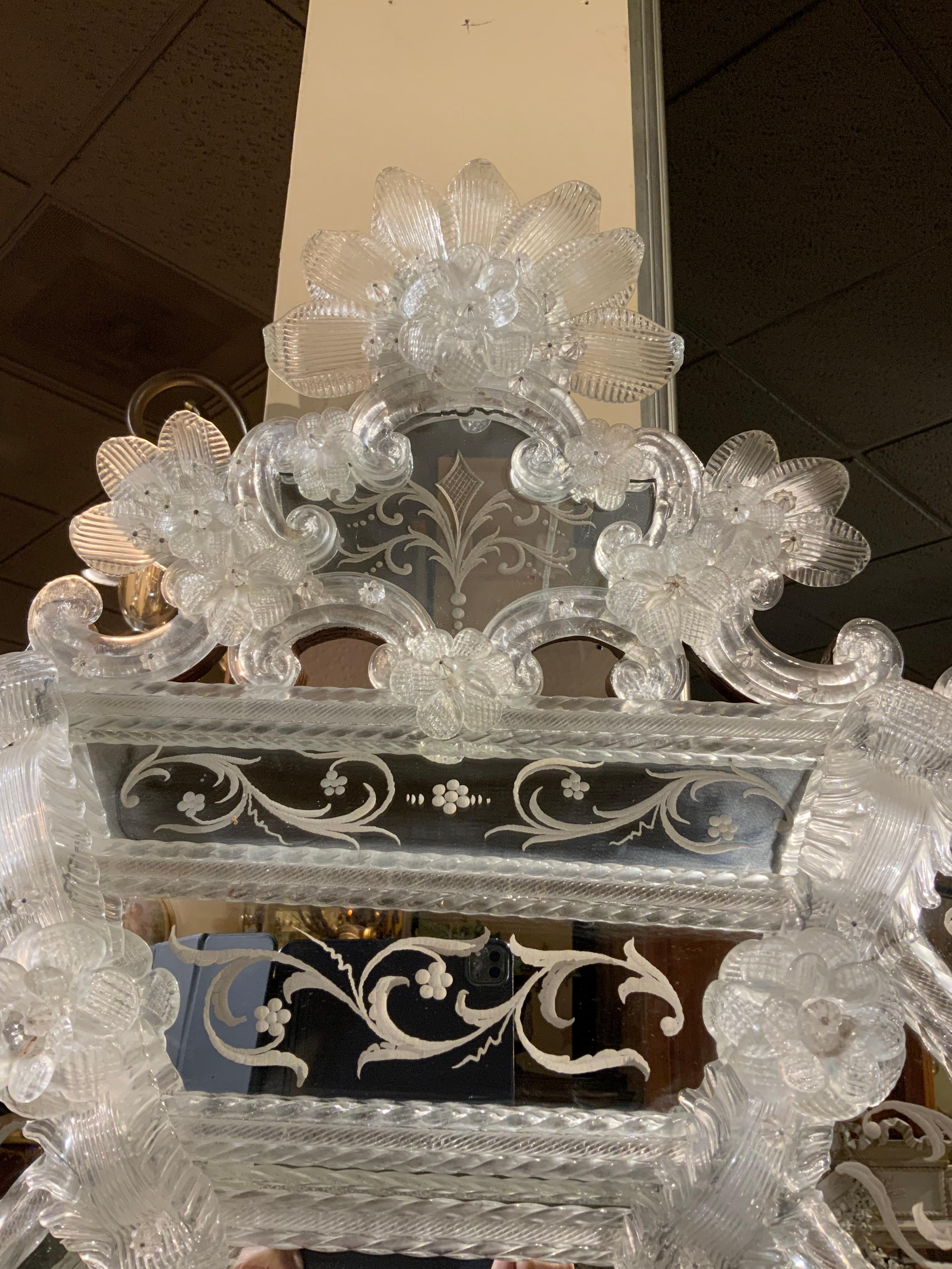 Large Venetian Wall Mirror with Ornate Etchings and Floral Decorations In Excellent Condition For Sale In Houston, TX