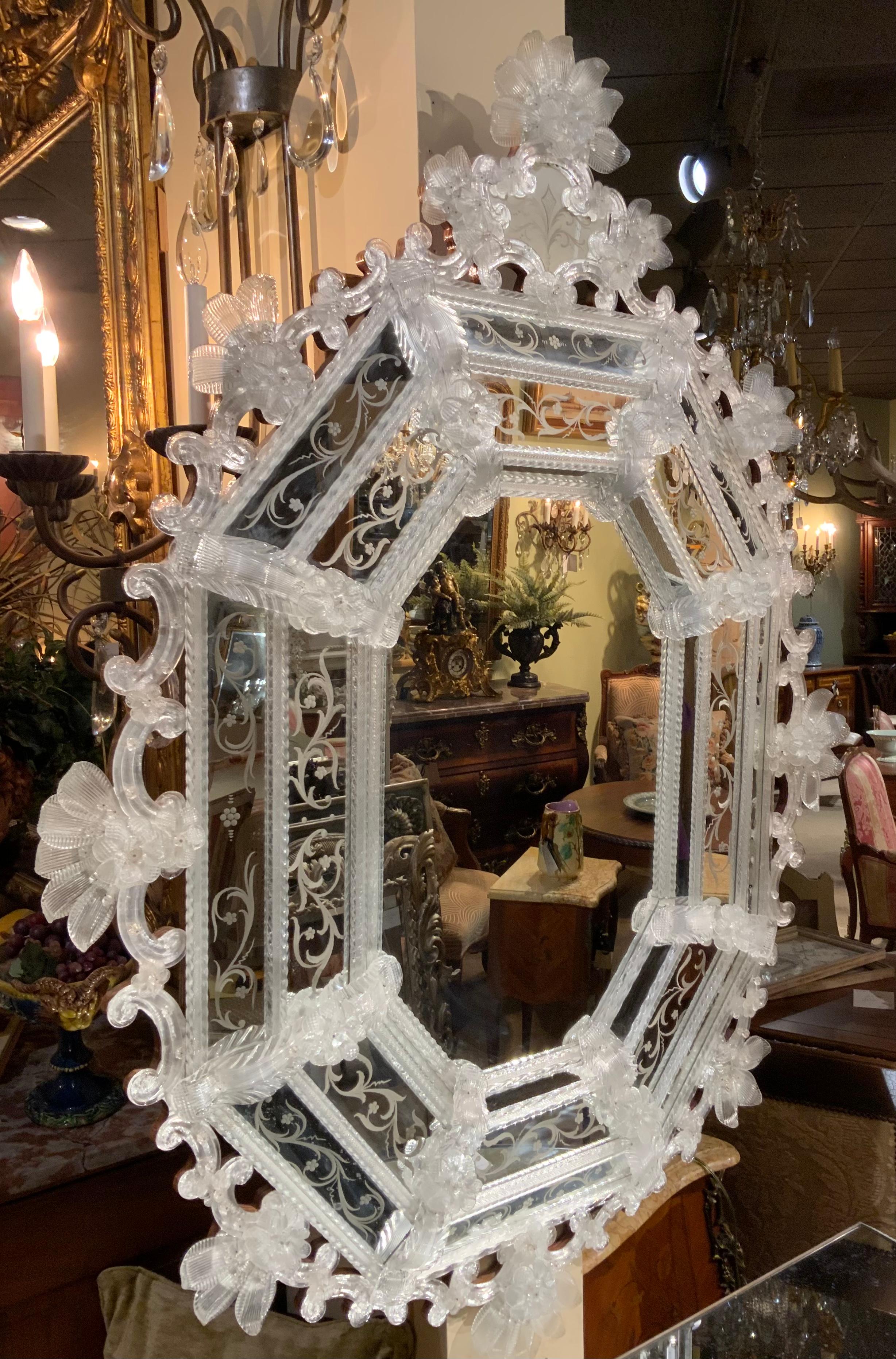 Large Venetian Wall Mirror with Ornate Etchings and Floral Decorations For Sale 4
