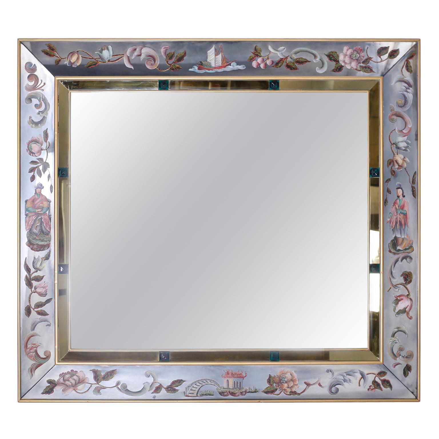 Large Venetian Wall Mirror with Reverse Painted Chinoiserie Designs