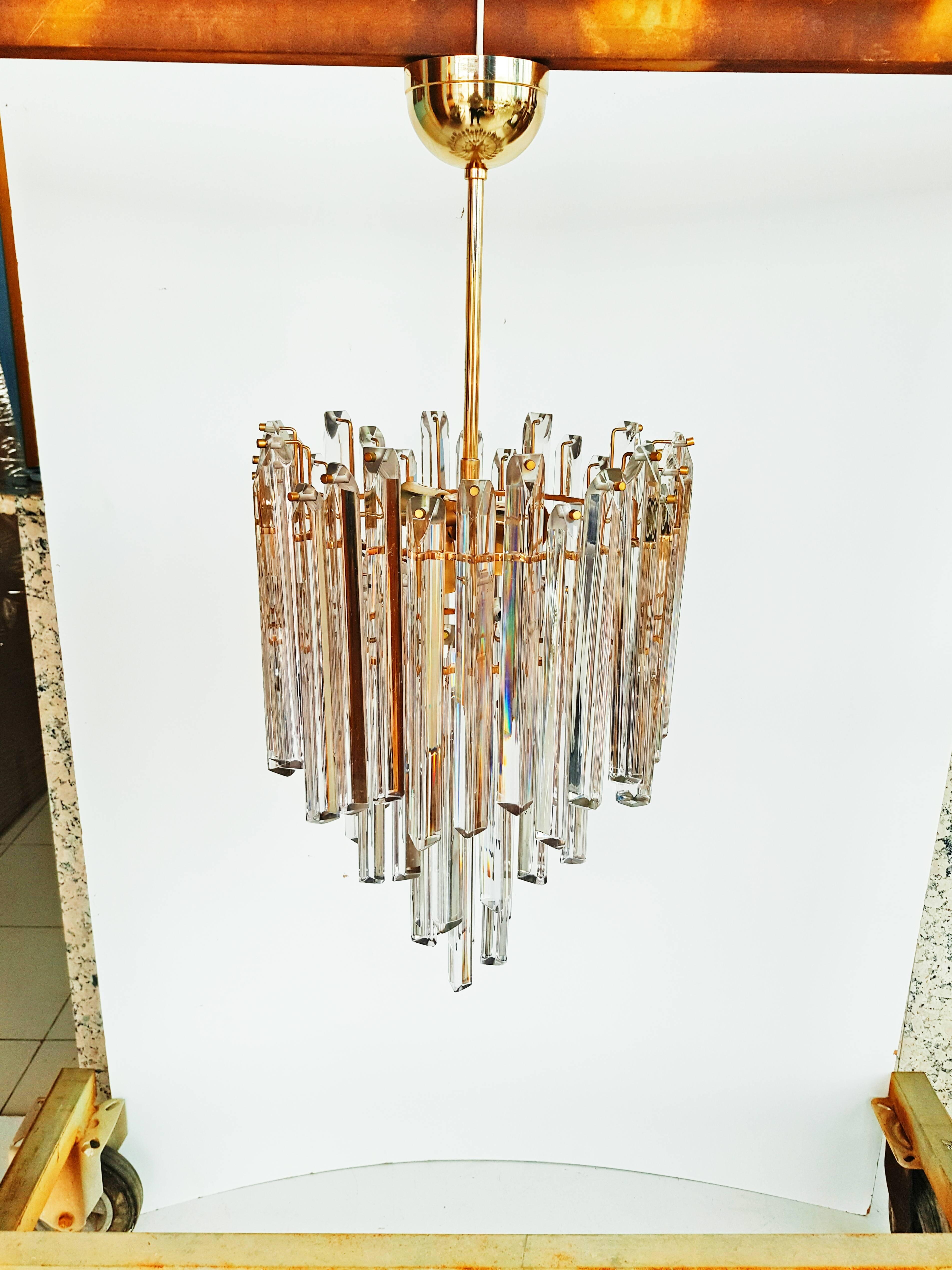 Large Venini Brass and Crystal Chandelier, circa 1960 1