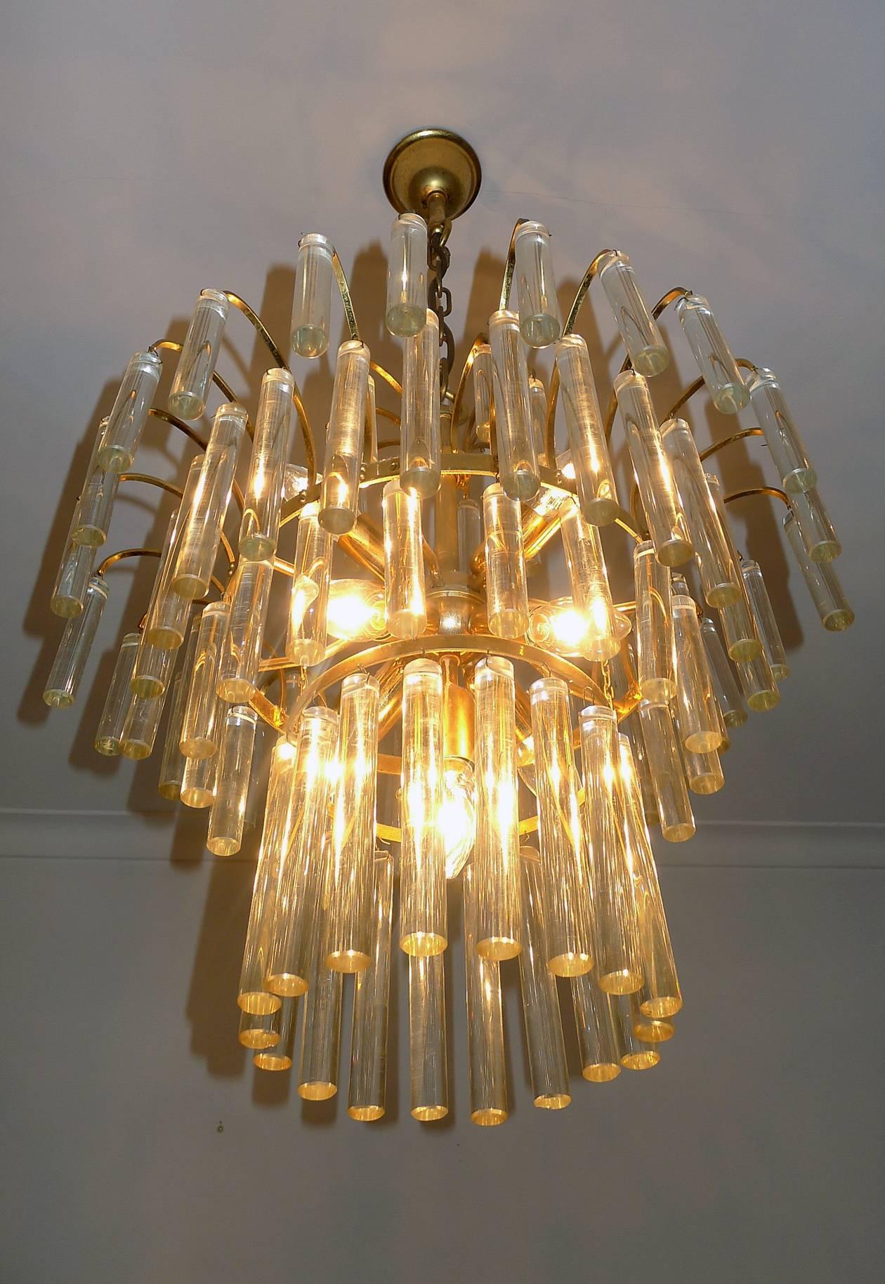 Large Venini Camer Midcentury Gilt Brass 94 Crystal Rods Waterfall Chandelier For Sale 5