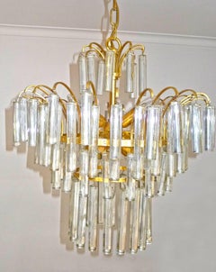 Large Venini Camer Midcentury Gilt Brass 94 Crystal Rods Waterfall Chandelier