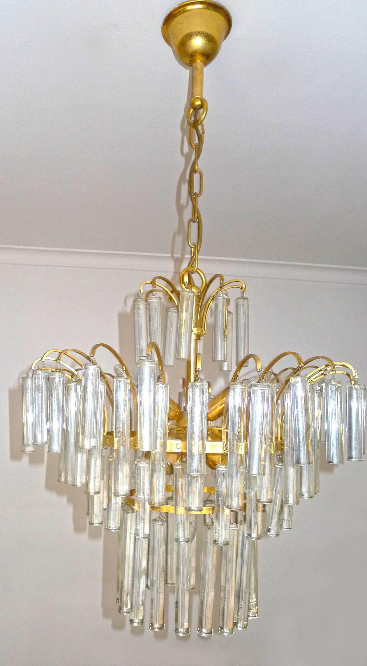 Hollywood Regency Large Venini Camer Midcentury Gilt Brass 94 Crystal Rods Waterfall Chandelier For Sale