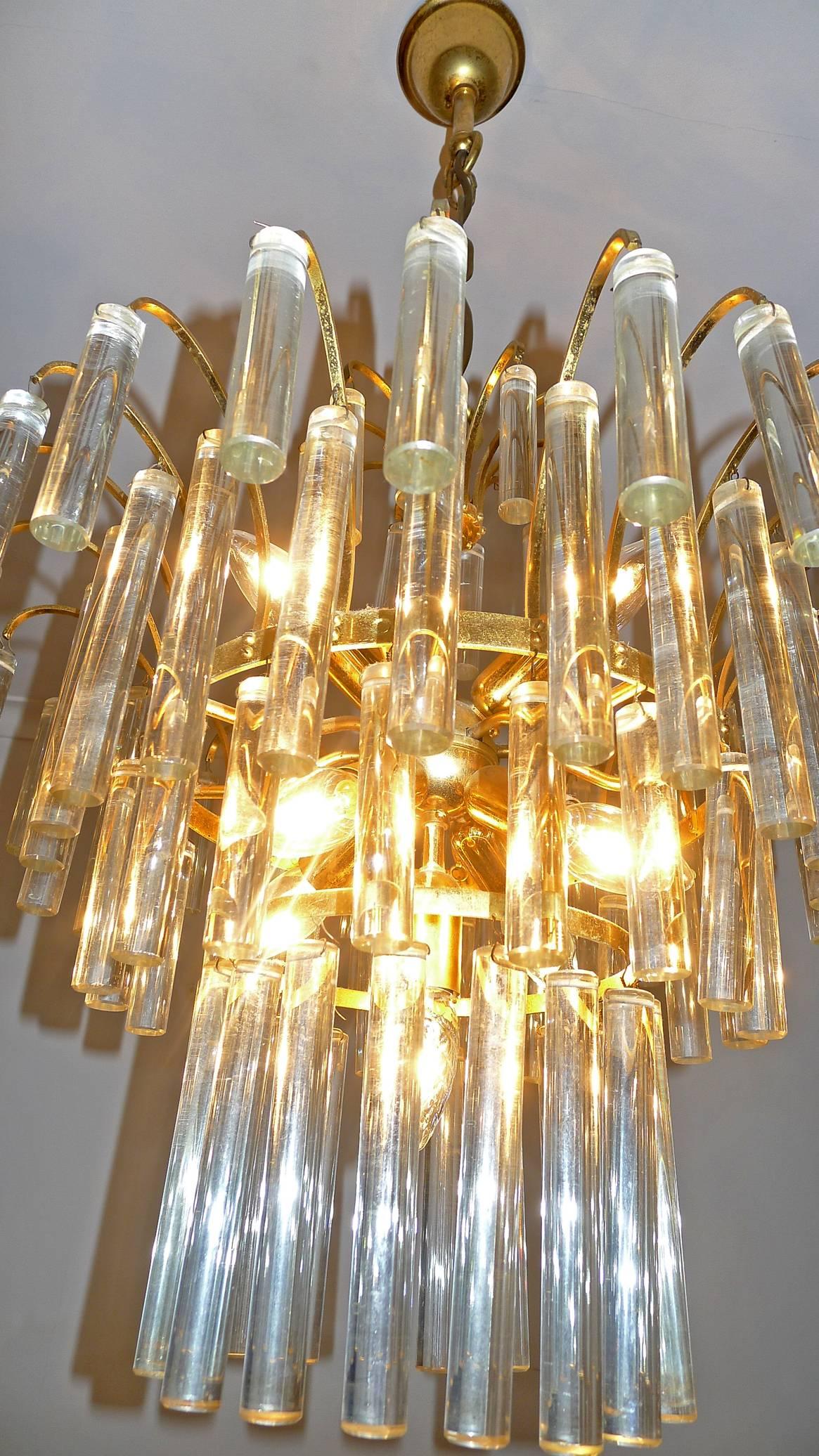 20th Century Large Venini Camer Midcentury Gilt Brass 94 Crystal Rods Waterfall Chandelier For Sale