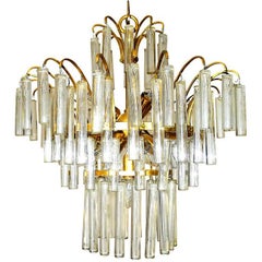 Vintage Large Venini Camer Midcentury Gilt Brass 94 Crystal Rods Waterfall Chandelier