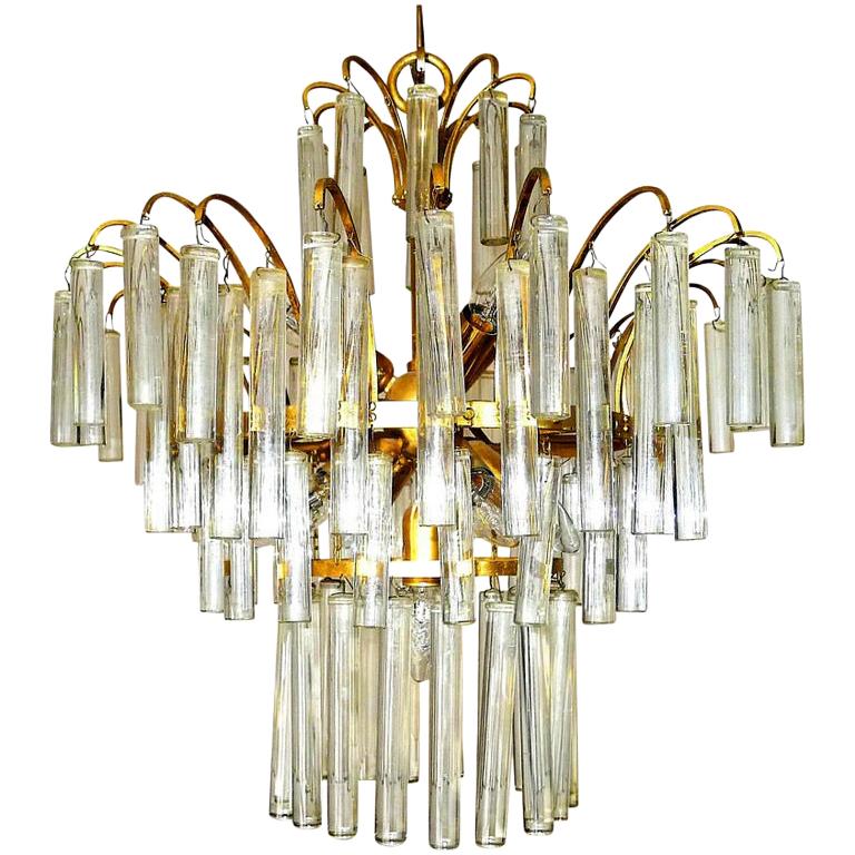 Large Venini Camer Midcentury Gilt Brass 94 Crystal Rods Waterfall Chandelier