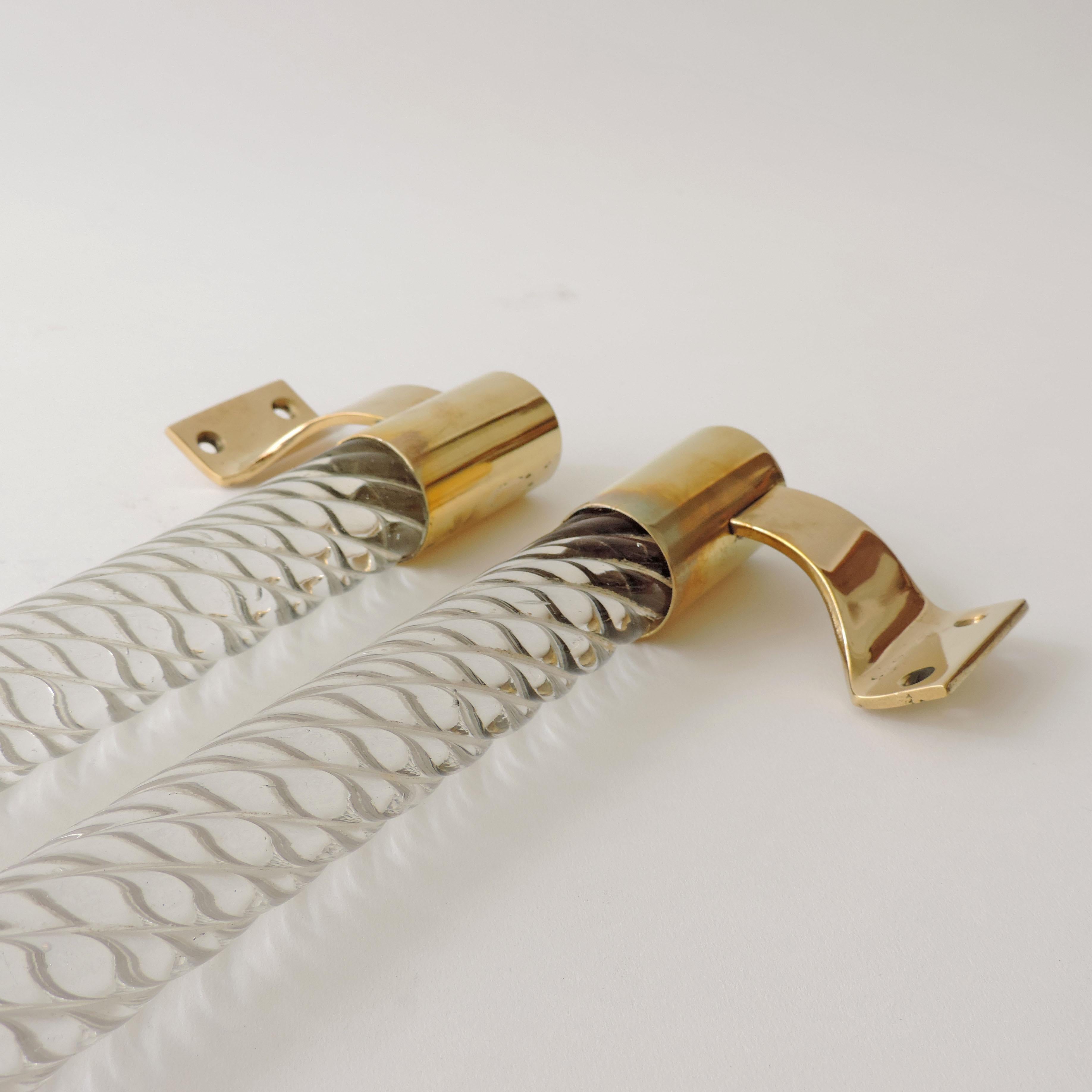 Italian Large Venini Door Handles in Torciglione Murano Glass and Brass, Italy, 1940s