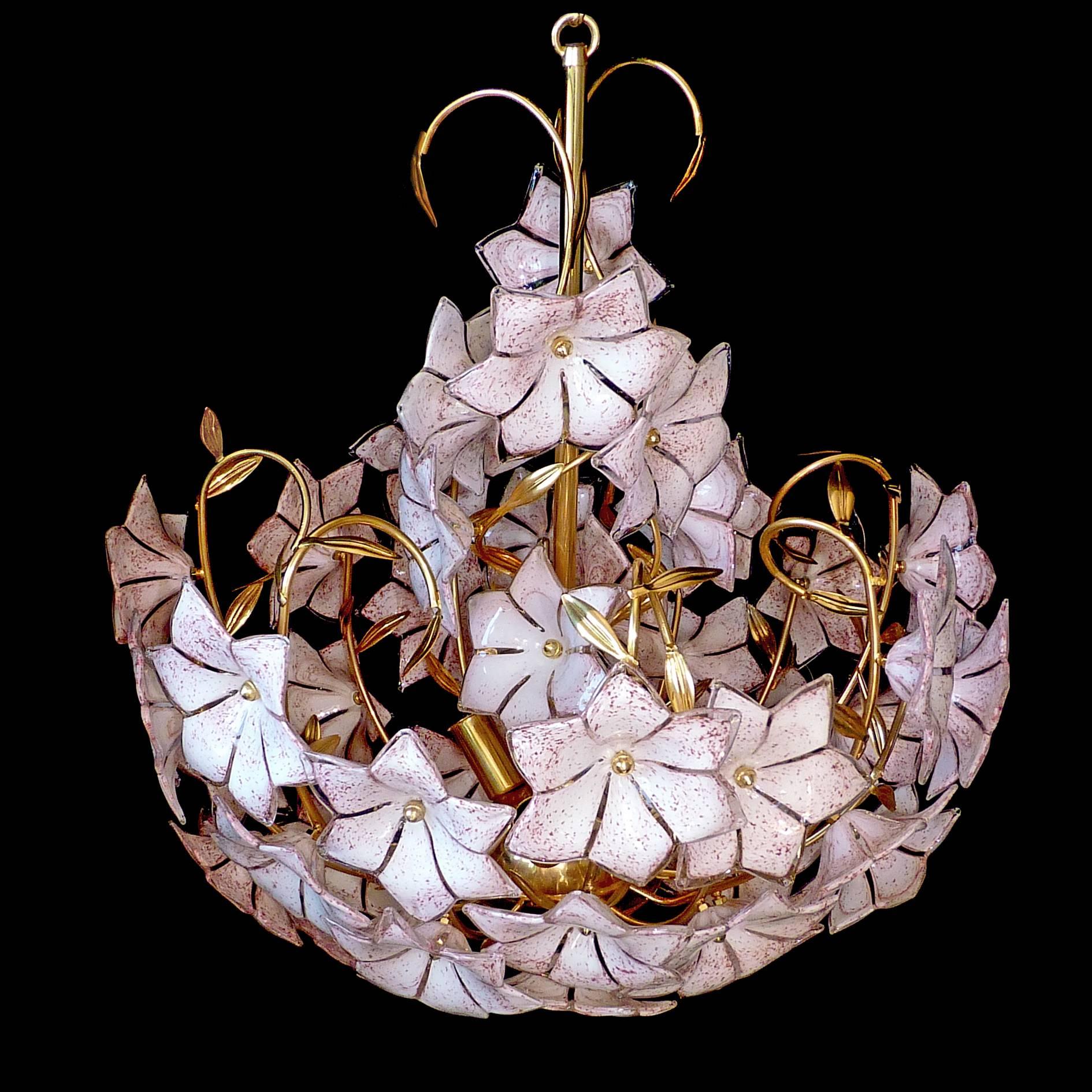 Stunning large vintage Italian Murano flower bouquet Venini style art glass chandelier with 43 hand-blow white/pink and clear glass flowers and gold-plated brass.

Assembly required. Bulbs not included.
 