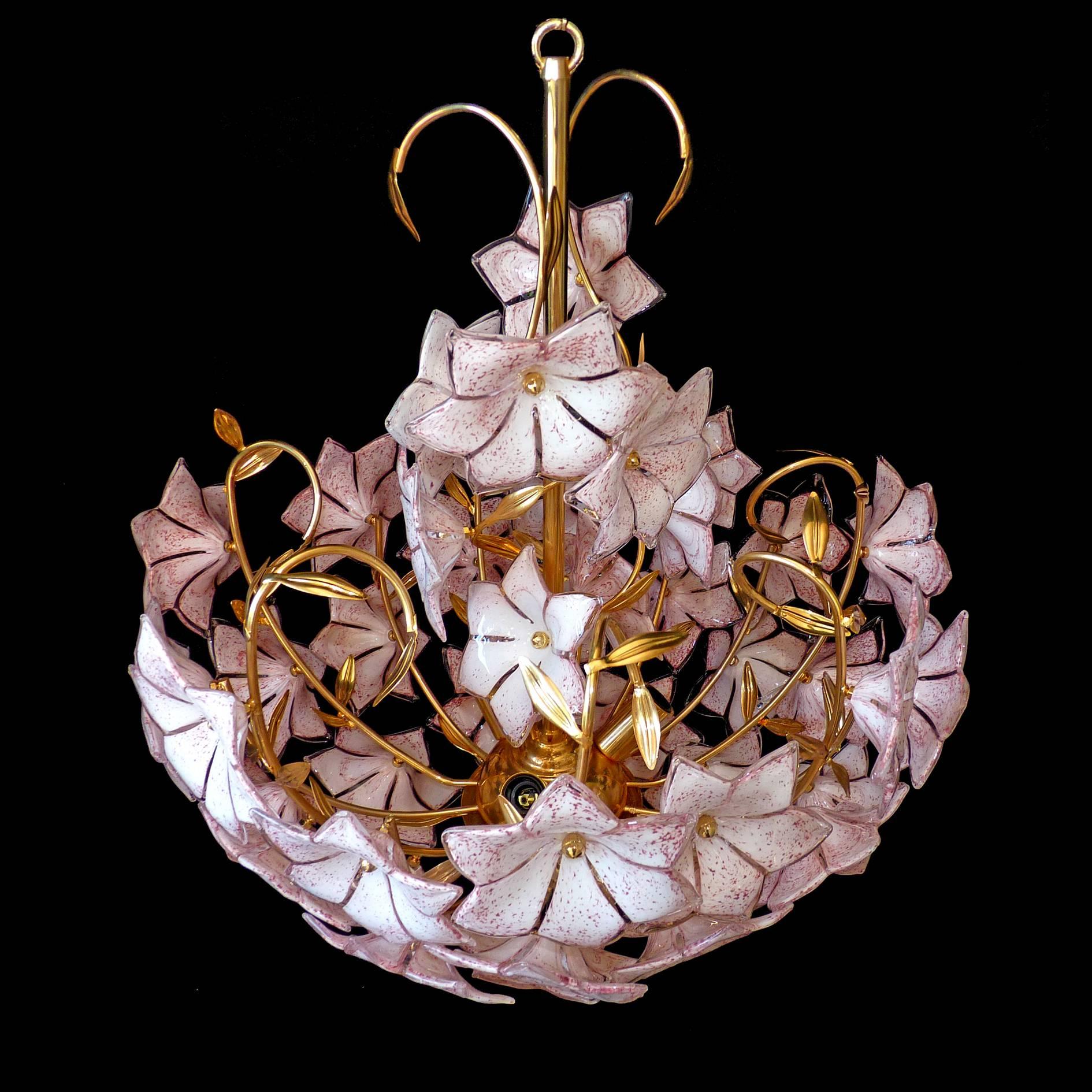 Mid-Century Modern Large Italian Murano Pink Flower Bouquet Art Glass Gilt Brass Chandelier
