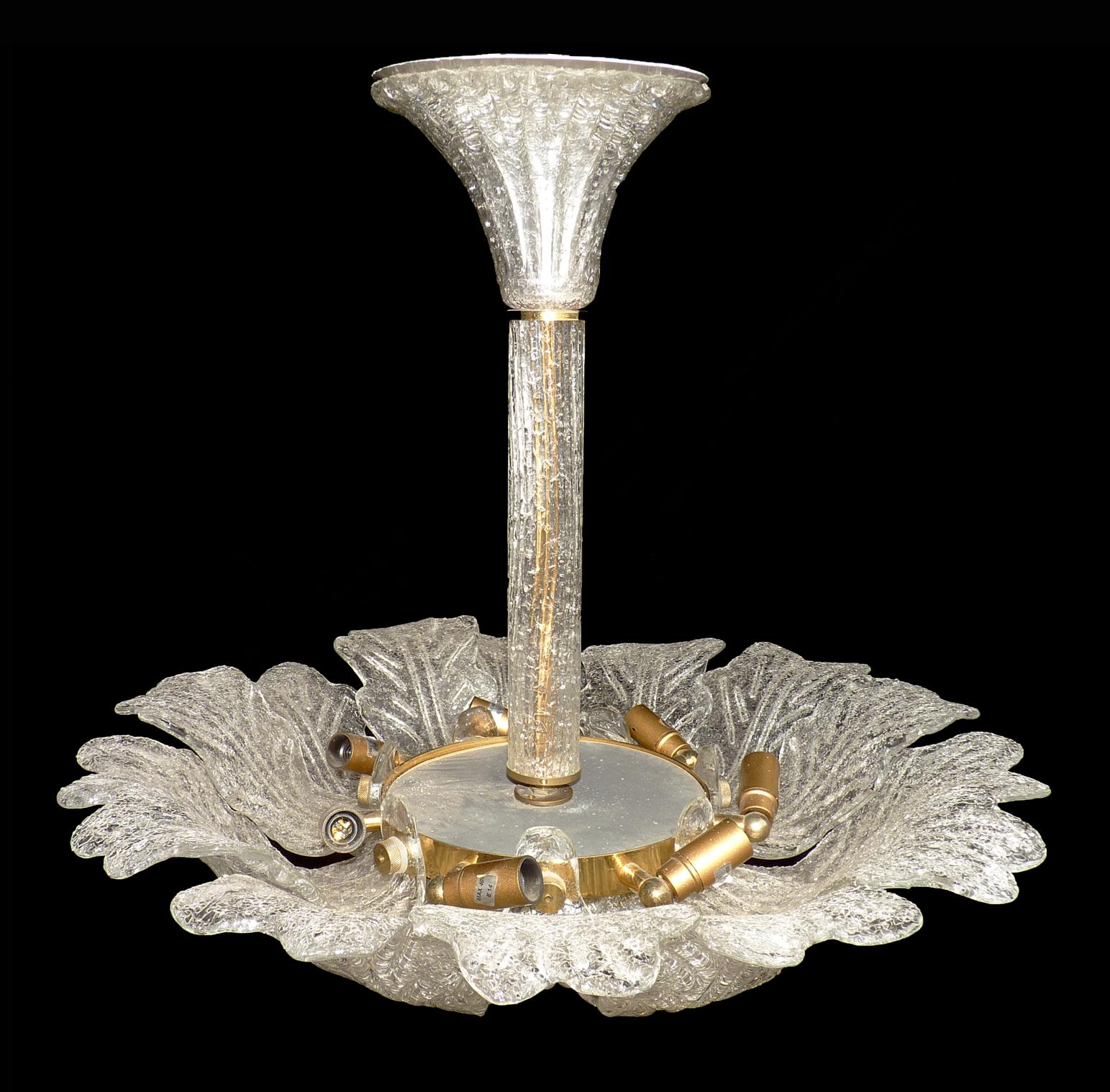 Italian Large Venini Murano Art Glass Flower Shape and Gilt Brass Chandelier, Italy For Sale