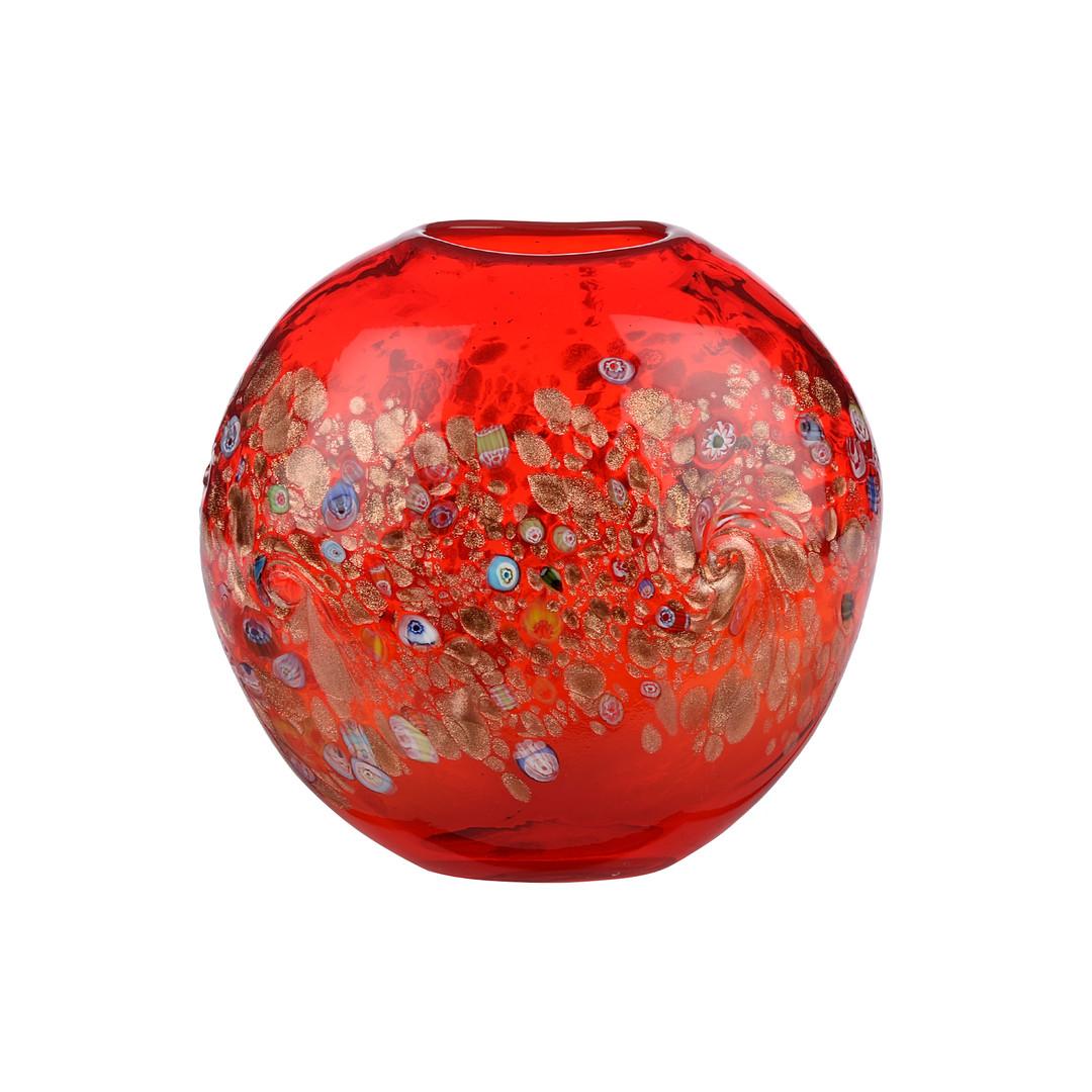 Italian Large Venini Murano Midcentury Ovoid Ruby Red Glass Vase With Murrina For Sale