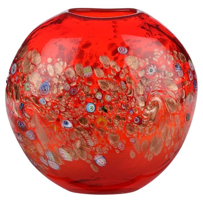 Large Venini Murano Midcentury Ovoid Ruby Red Glass Vase With Murrina For Sale