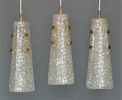 Set of 3 Large Paolo Venini Lamps Textured Murano Ice Glass Brass 1950 Kalmar