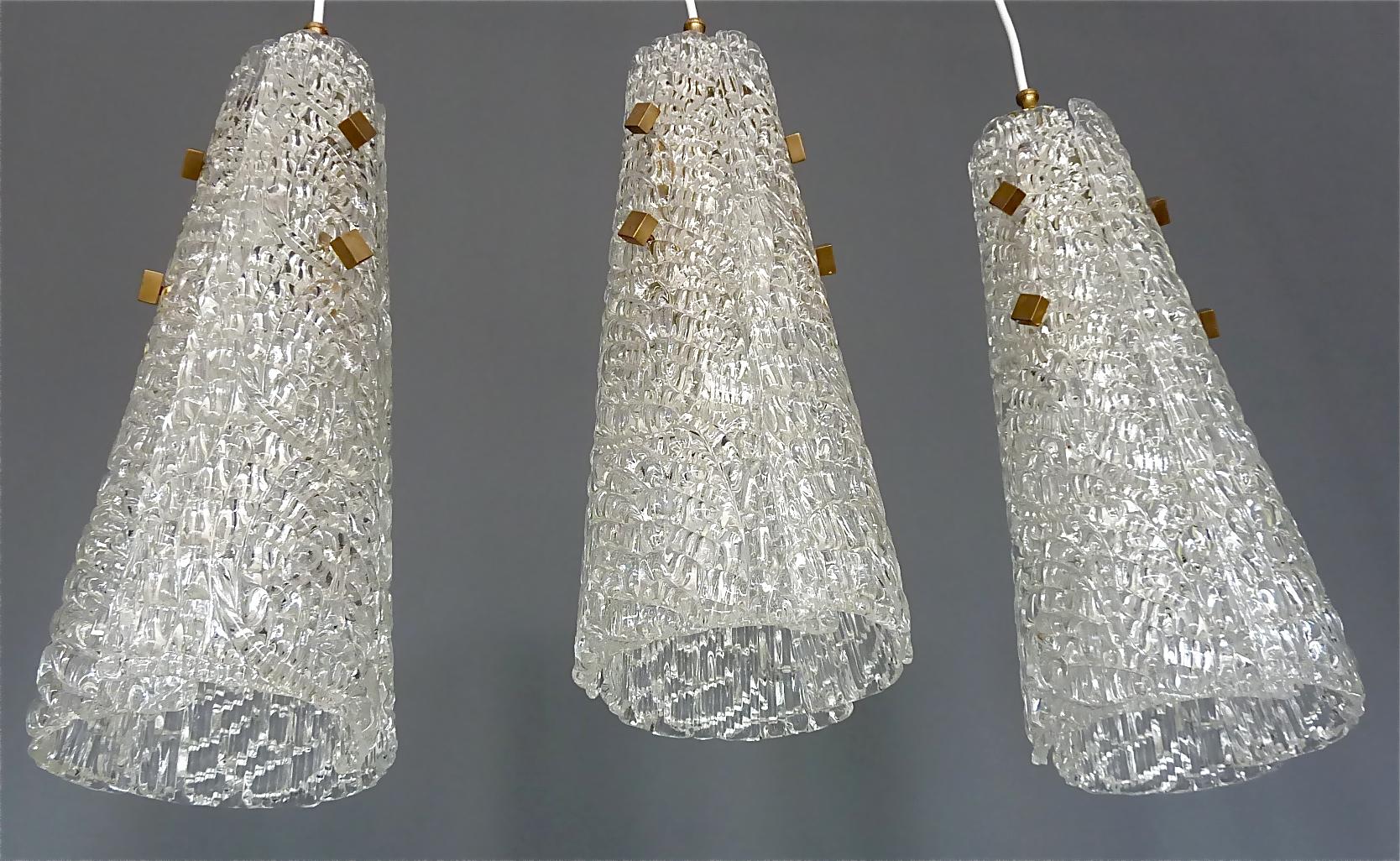 Set of 3 Large Paolo Venini Lamps Textured Murano Ice Glass Brass 1950 Kalmar For Sale 2