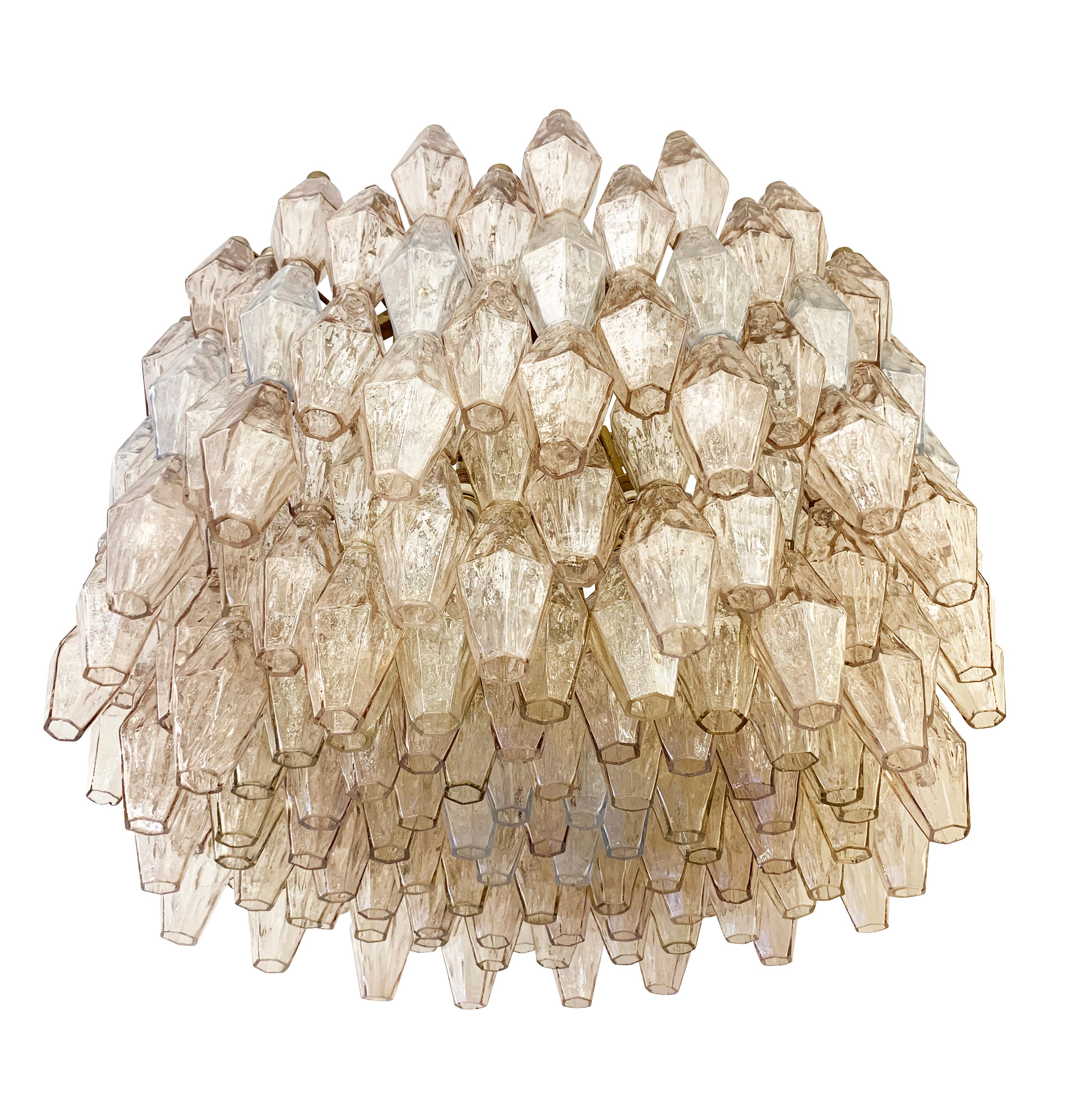 Large Italian Mid-Century chandelier by Venini with dozens of handblown Polyhedral Murano glasses. The glasses are a mix of amber, rose and blue hanging from a satin nickel frame.

Condition: Excellent vintage condition, minor wear and chips