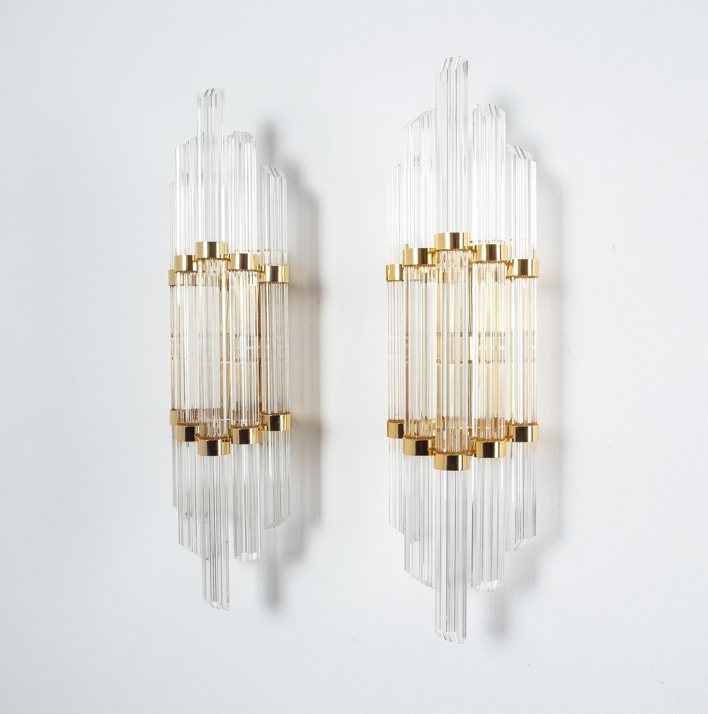 Gold Large Venini Style Murano Glass and Brass Wall Lamps Sconces, 1970