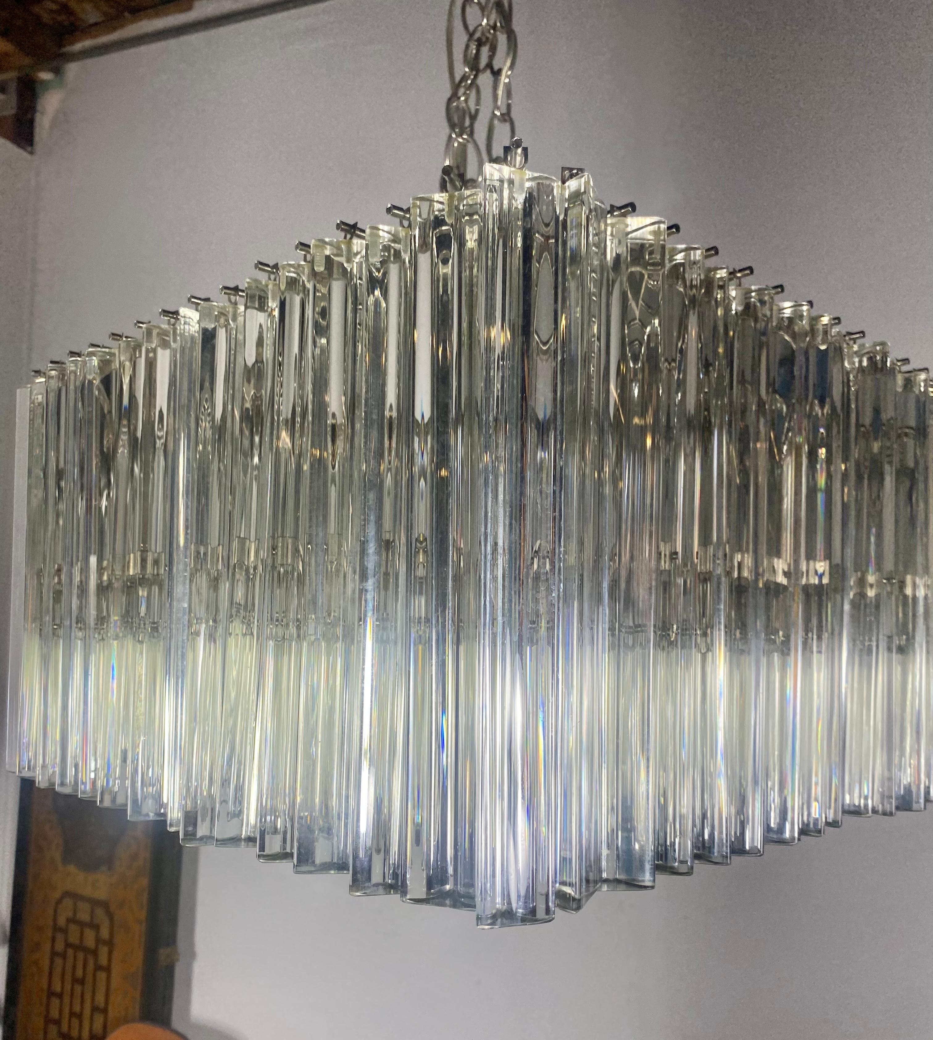 Stunning , Large Venini Triedri Chandelier Murano Glass / Chrome 1960 Italy,,A substantial square form Venini chandelier comprised of two sized of glass prisms, suspended from a metal frame. Six standard light sockets within the cage of glass prisms
