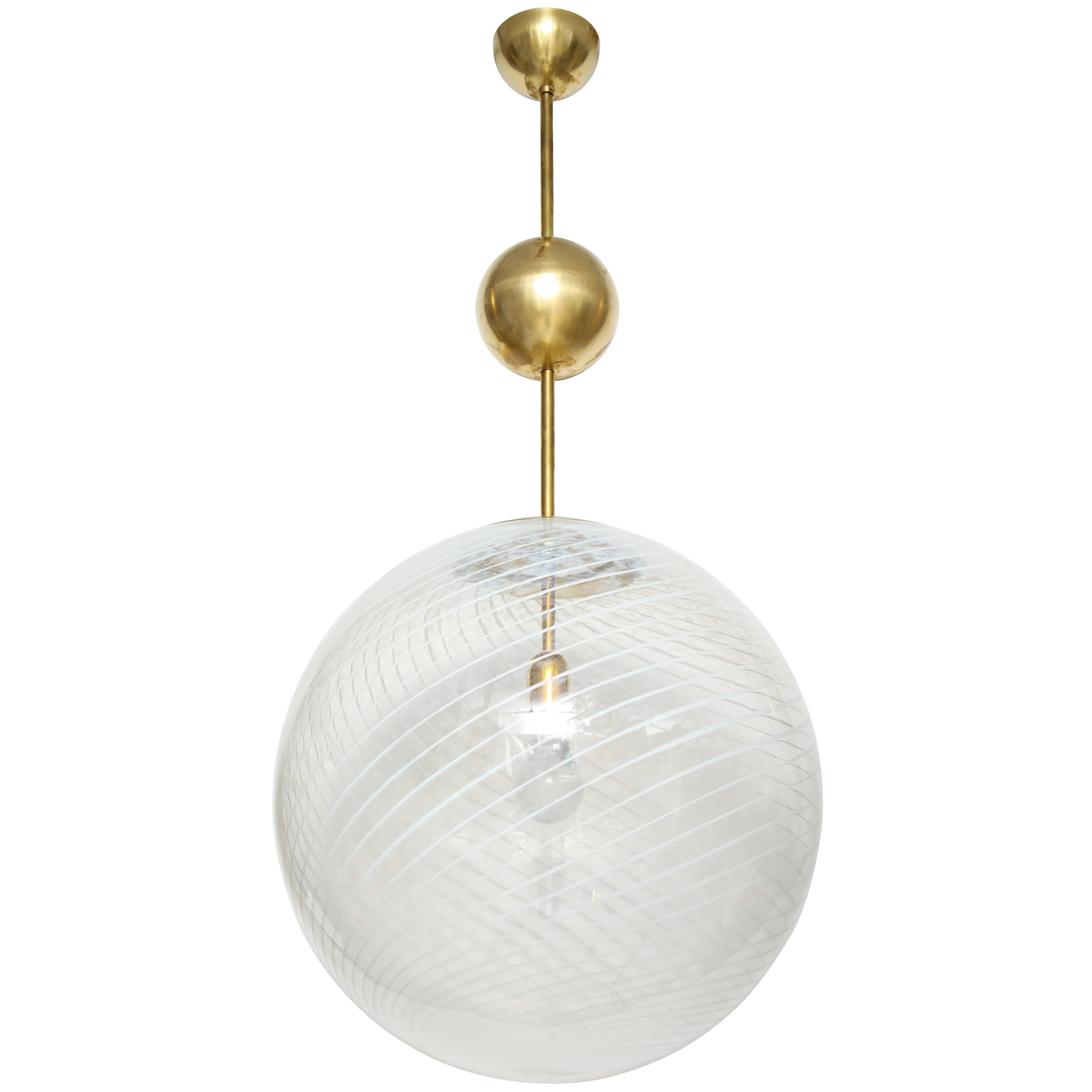 Large Venini White and Clear Murano Glass Globe or Pendant with Brass Fittings