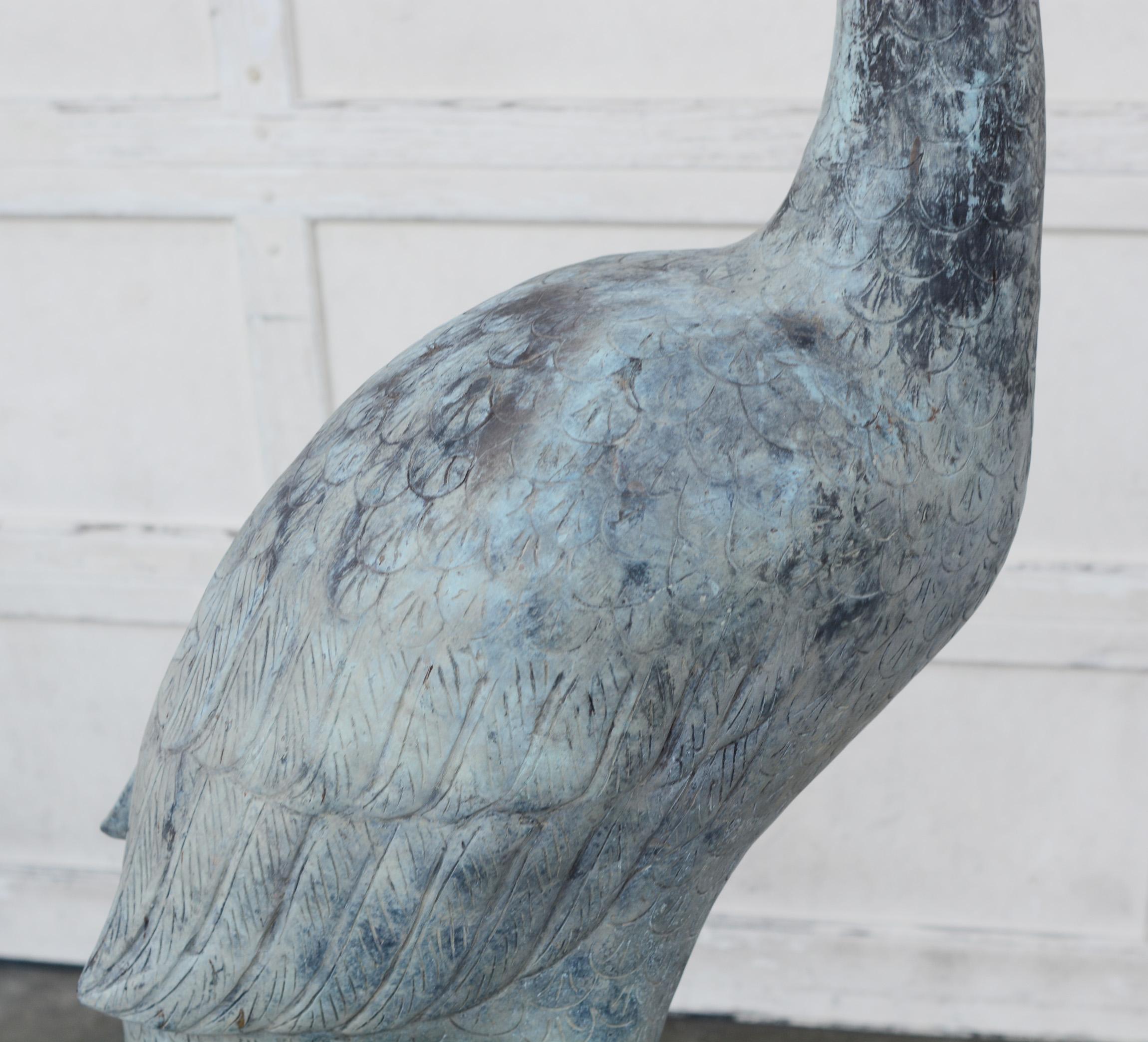Large Verdigris Bronze Crane Sculpture For Sale 1