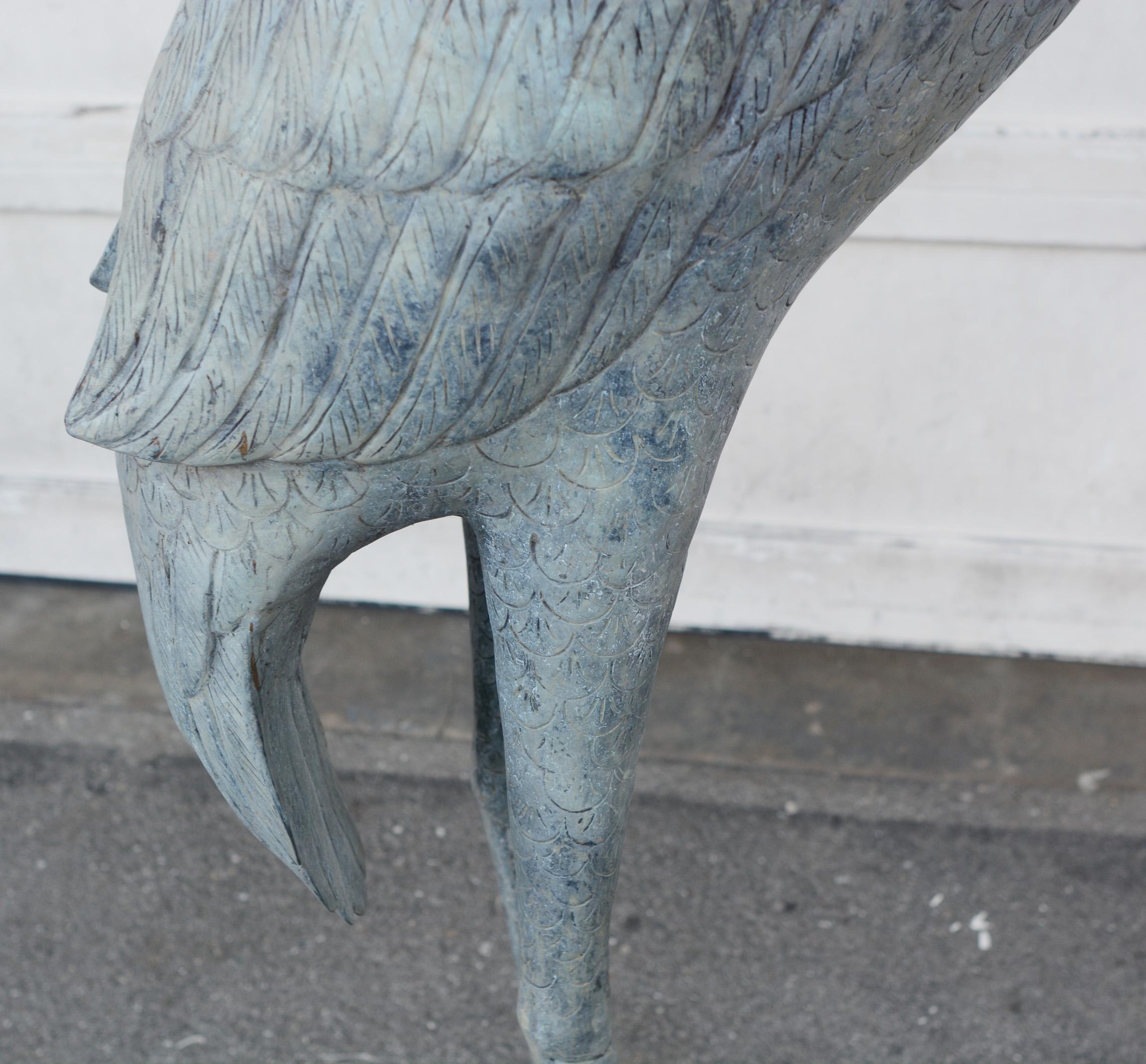 Large Verdigris Bronze Crane Sculpture For Sale 2