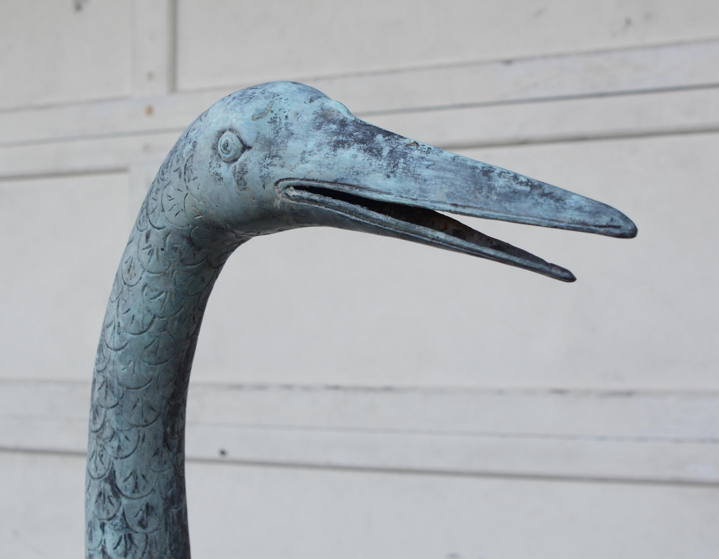 Large Verdigris Bronze Crane Sculpture For Sale 3