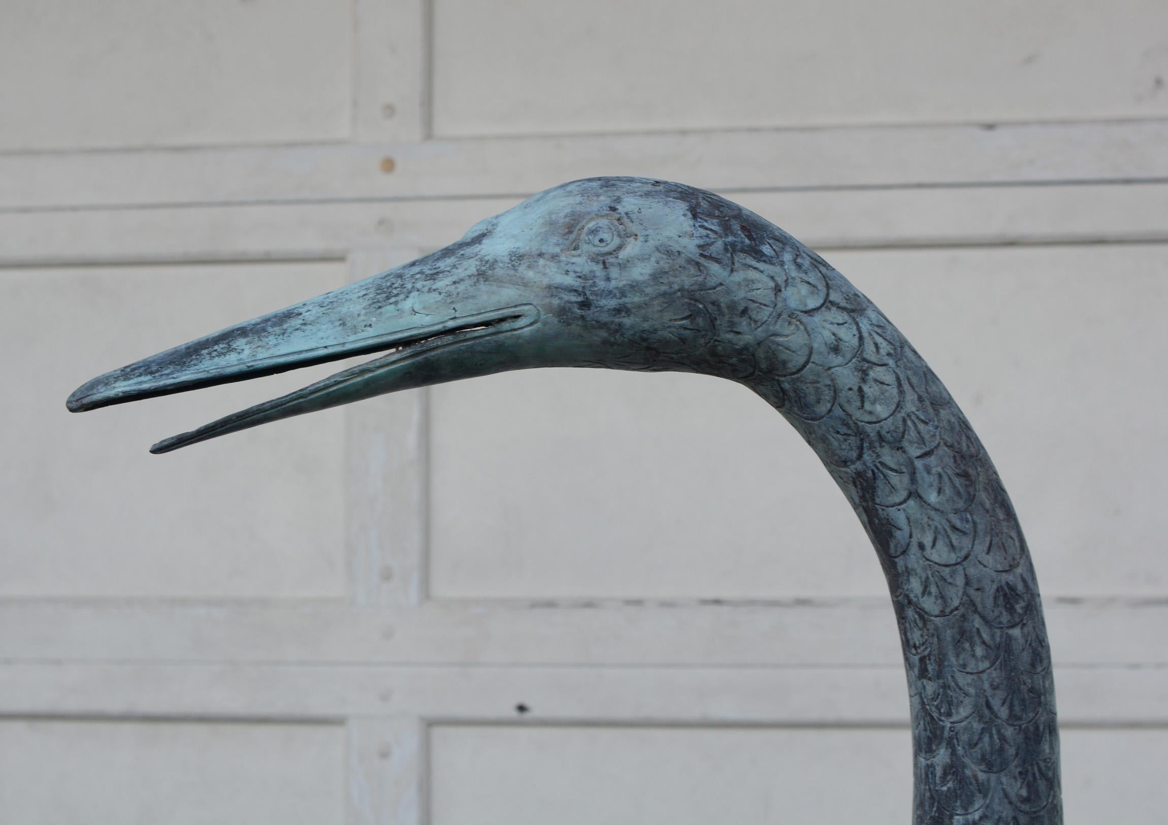 Japonisme Large Verdigris Bronze Crane Sculpture For Sale