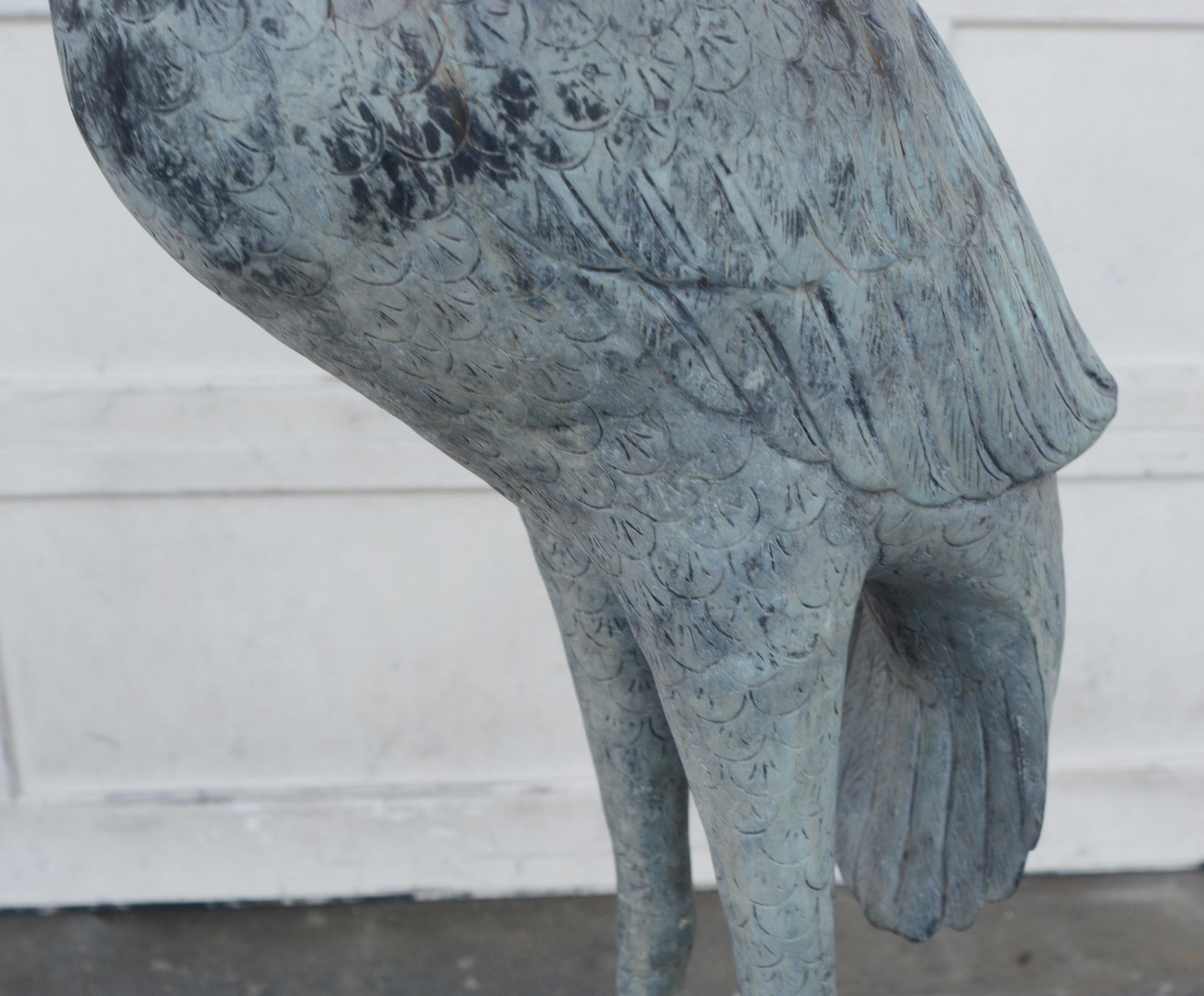 Patinated Large Verdigris Bronze Crane Sculpture For Sale