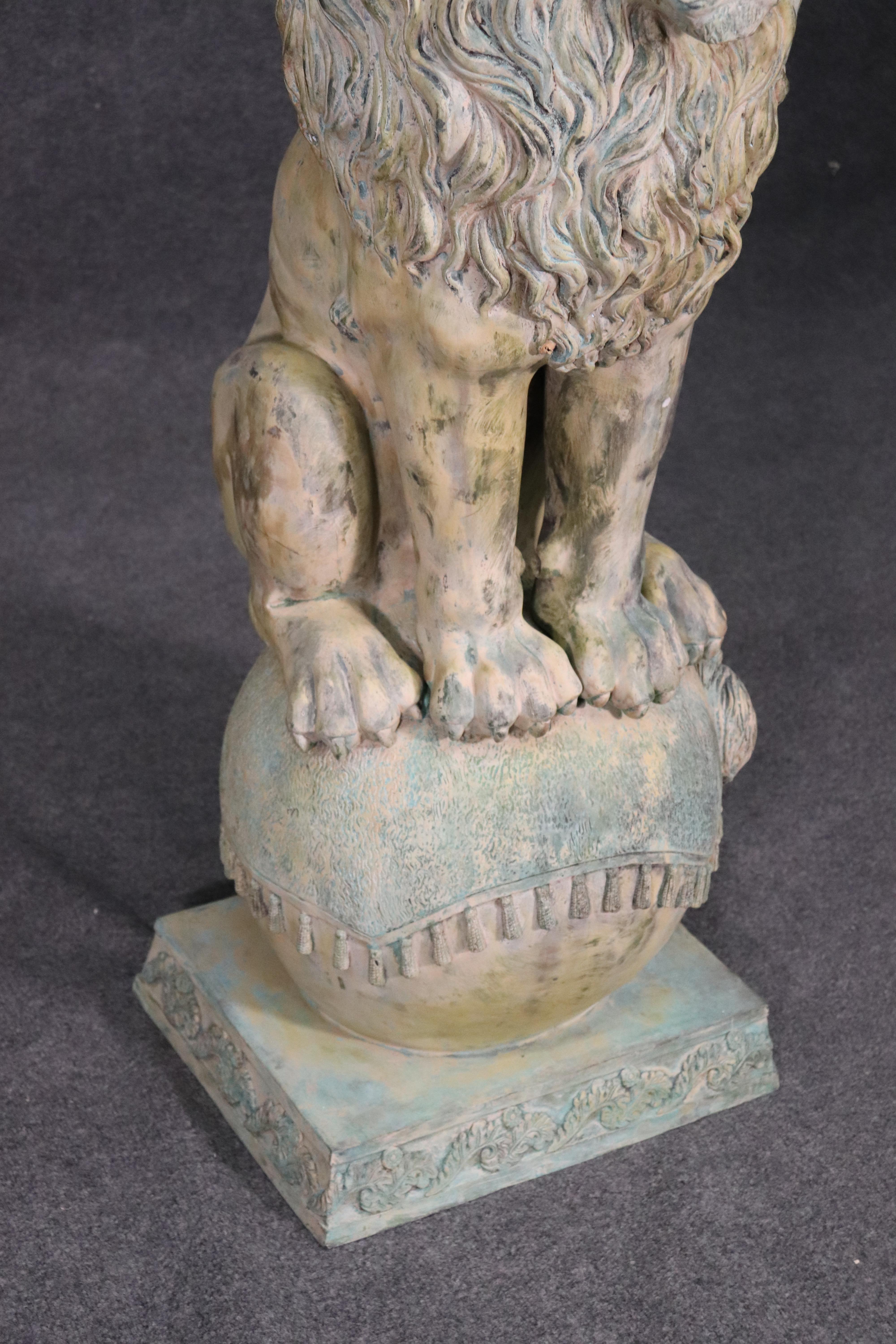 American Large Verdigris Bronze Highly Detailed Naturalistic Standing Lion on Ball