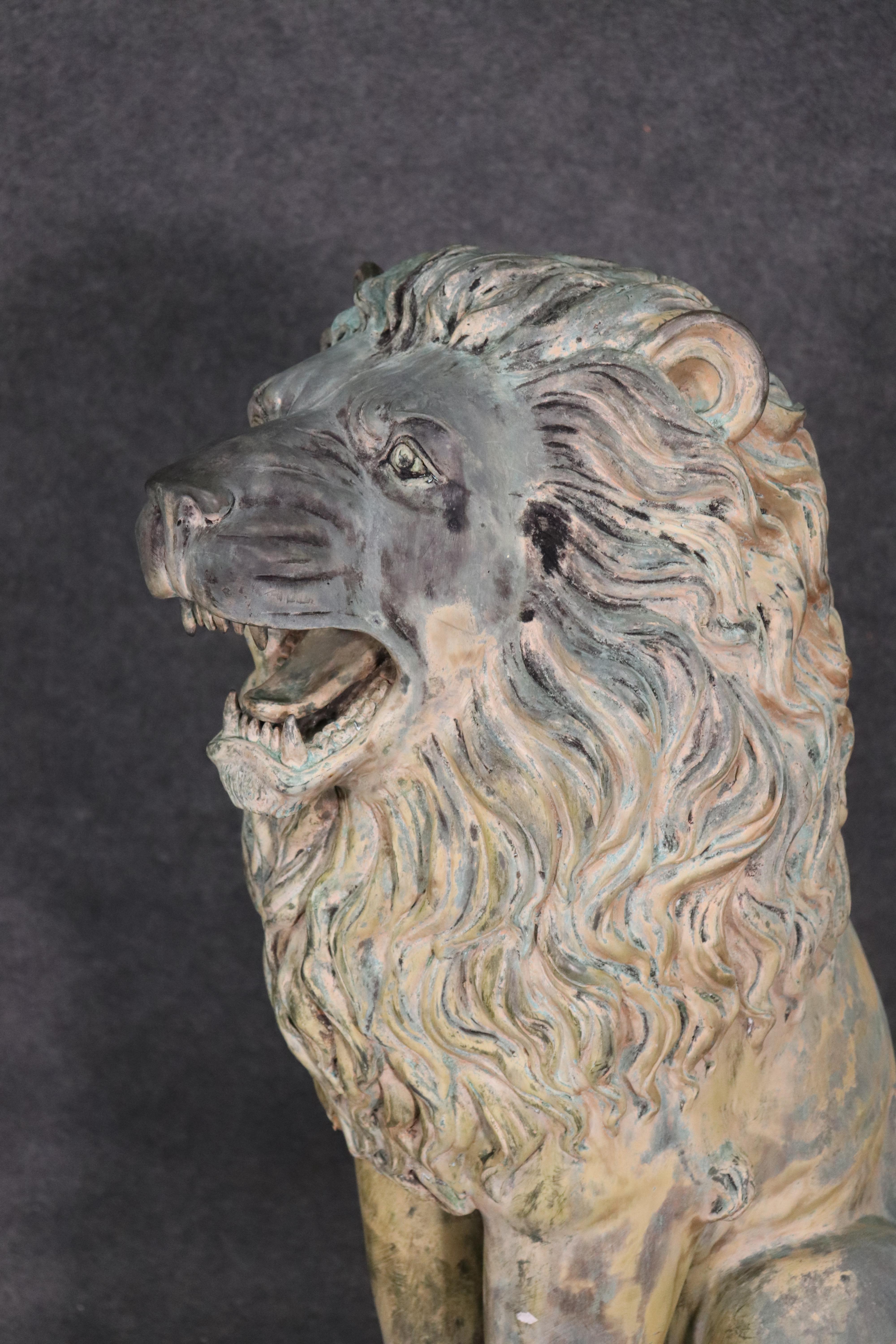 Large Verdigris Bronze Highly Detailed Naturalistic Standing Lion on Ball In Good Condition In Swedesboro, NJ