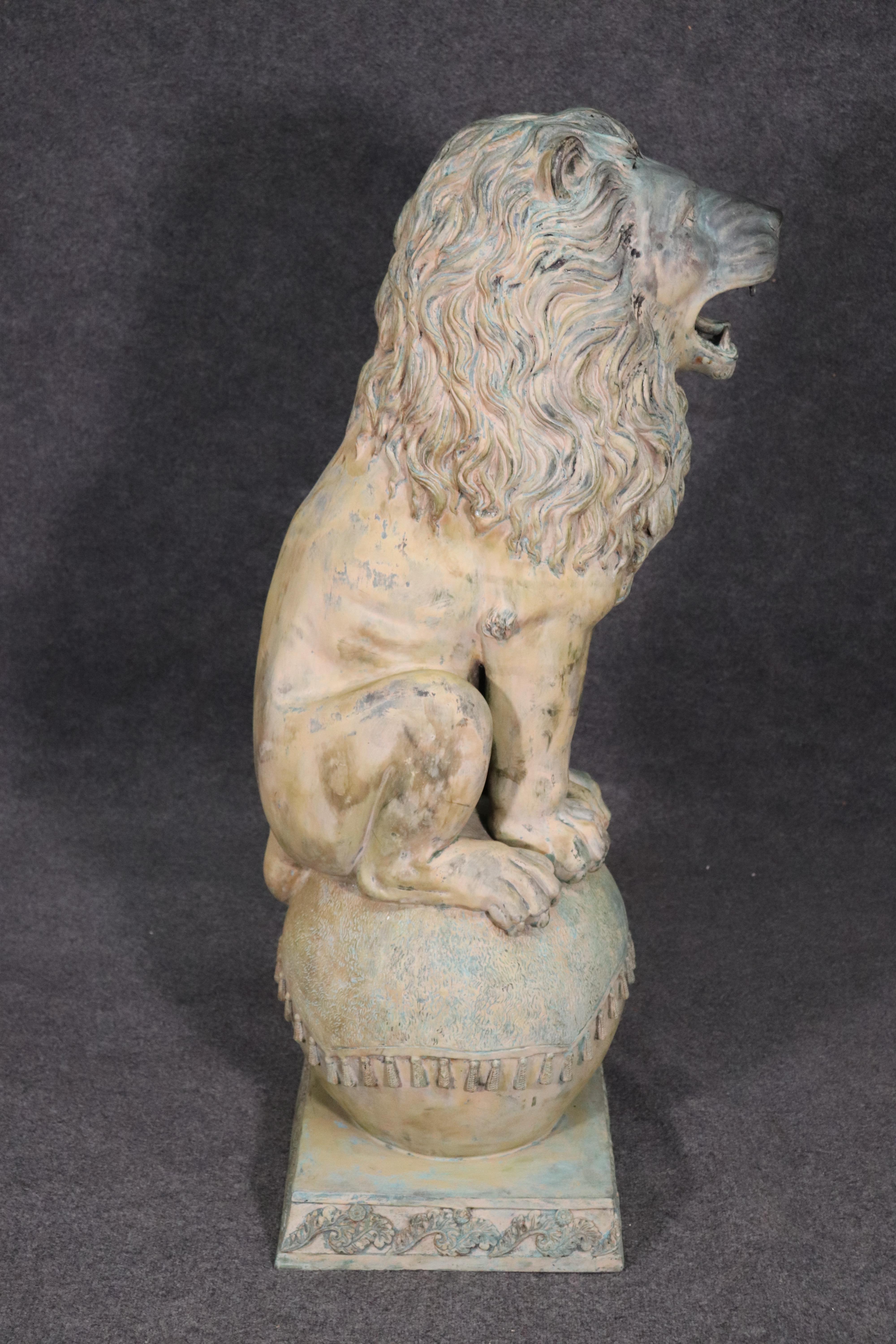 Early 20th Century Large Verdigris Bronze Highly Detailed Naturalistic Standing Lion on Ball